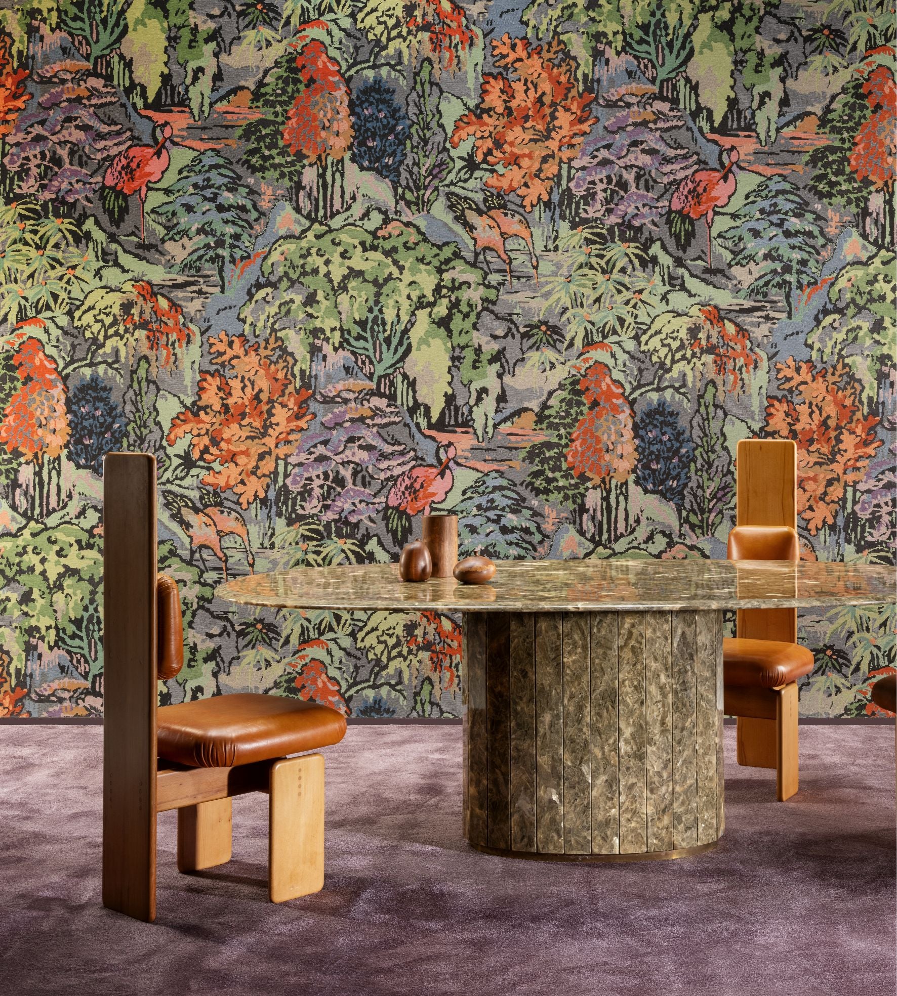 Textile wallpaper with a plant and animal motif RIVERBANK green with orange