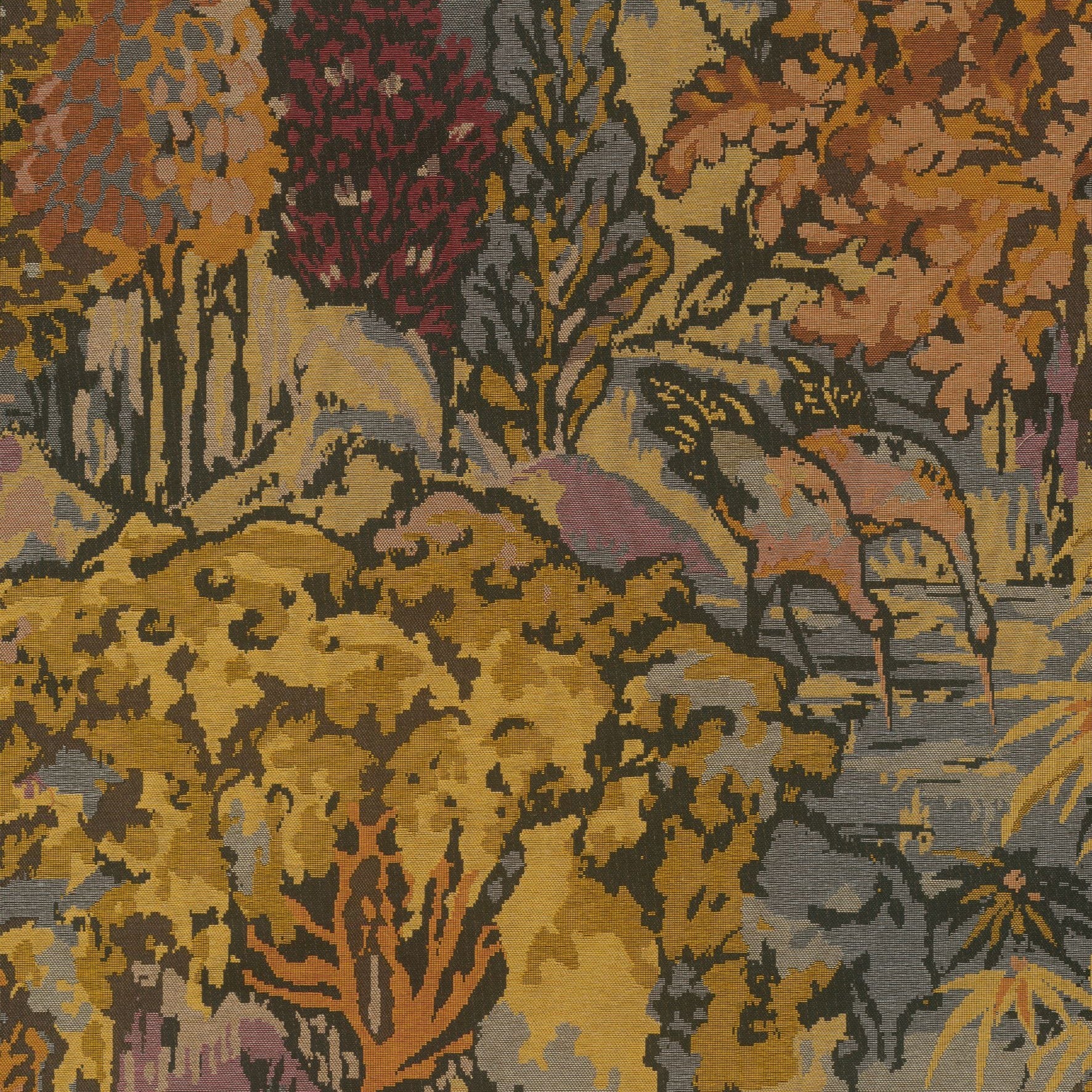 Textile wallpaper with a plant and animal motif RIVERBANK gold with orange