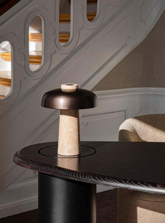 REVERSE table lamp with a brown shade and a stone base