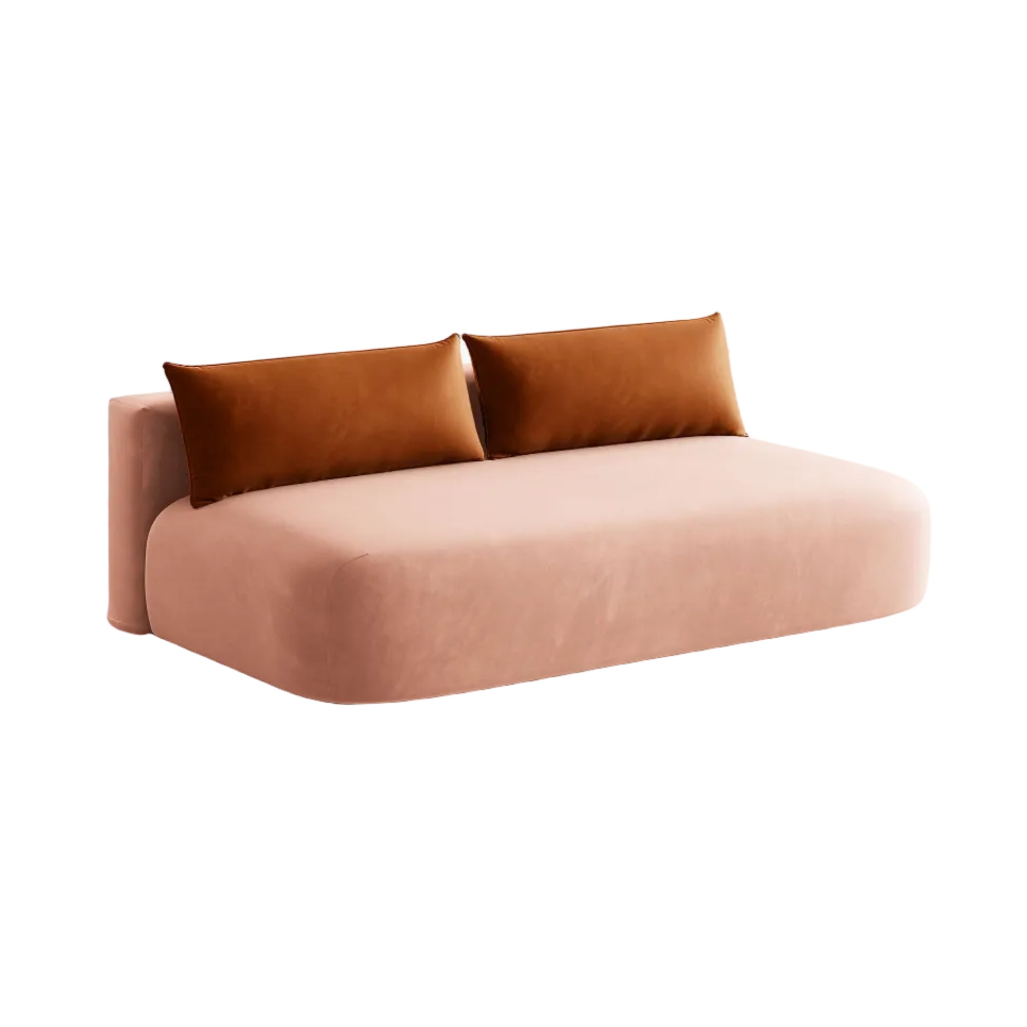 Sofa für 3 Personen aus Samt mit Schlaf-Funktion HENA in Rosa mit Ziegel-farbenen Kissen