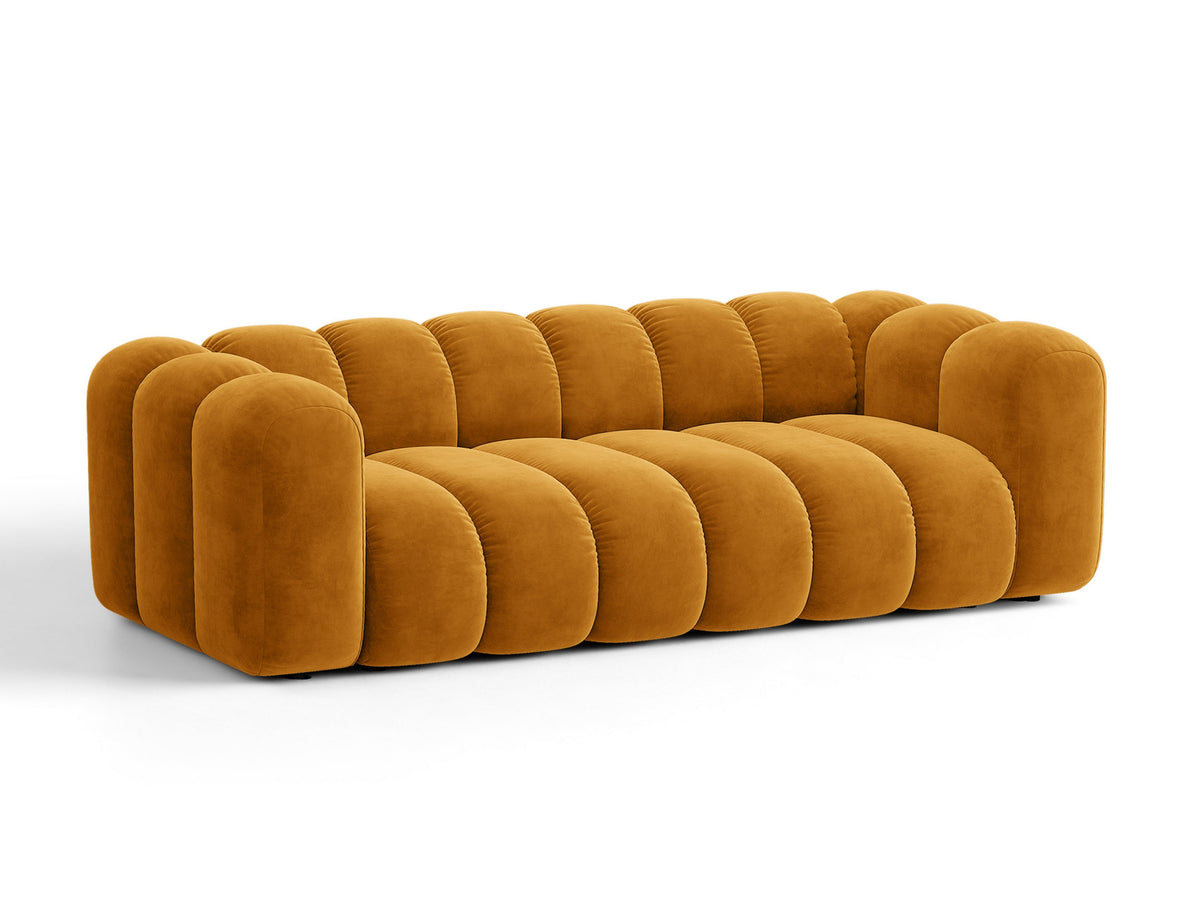 Sofa aksamitna 3-osobowa z funkcją spania LUPINE musztardowy – ujęcie 3