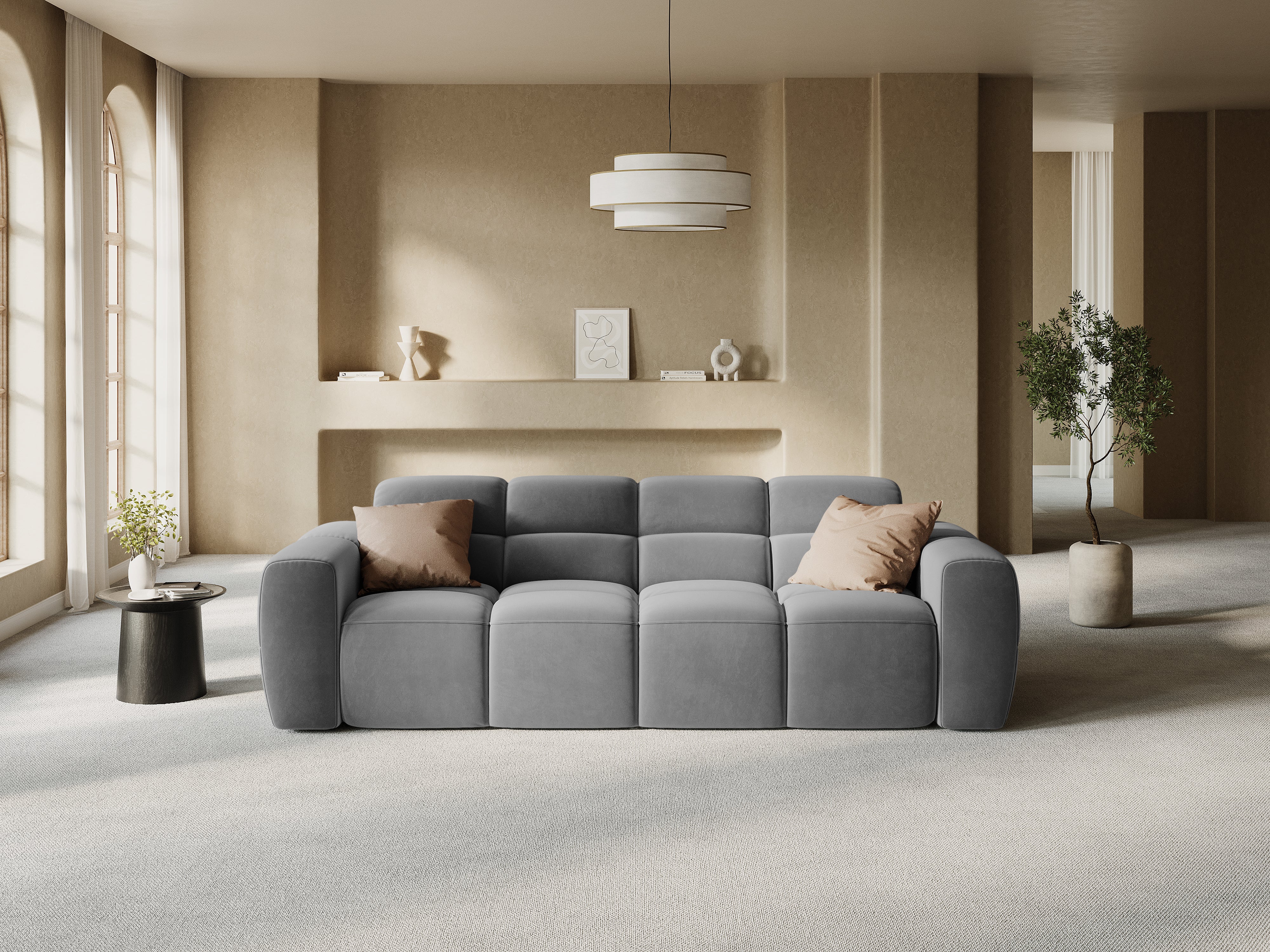 Velvet sofa for 4 people LISA light gray