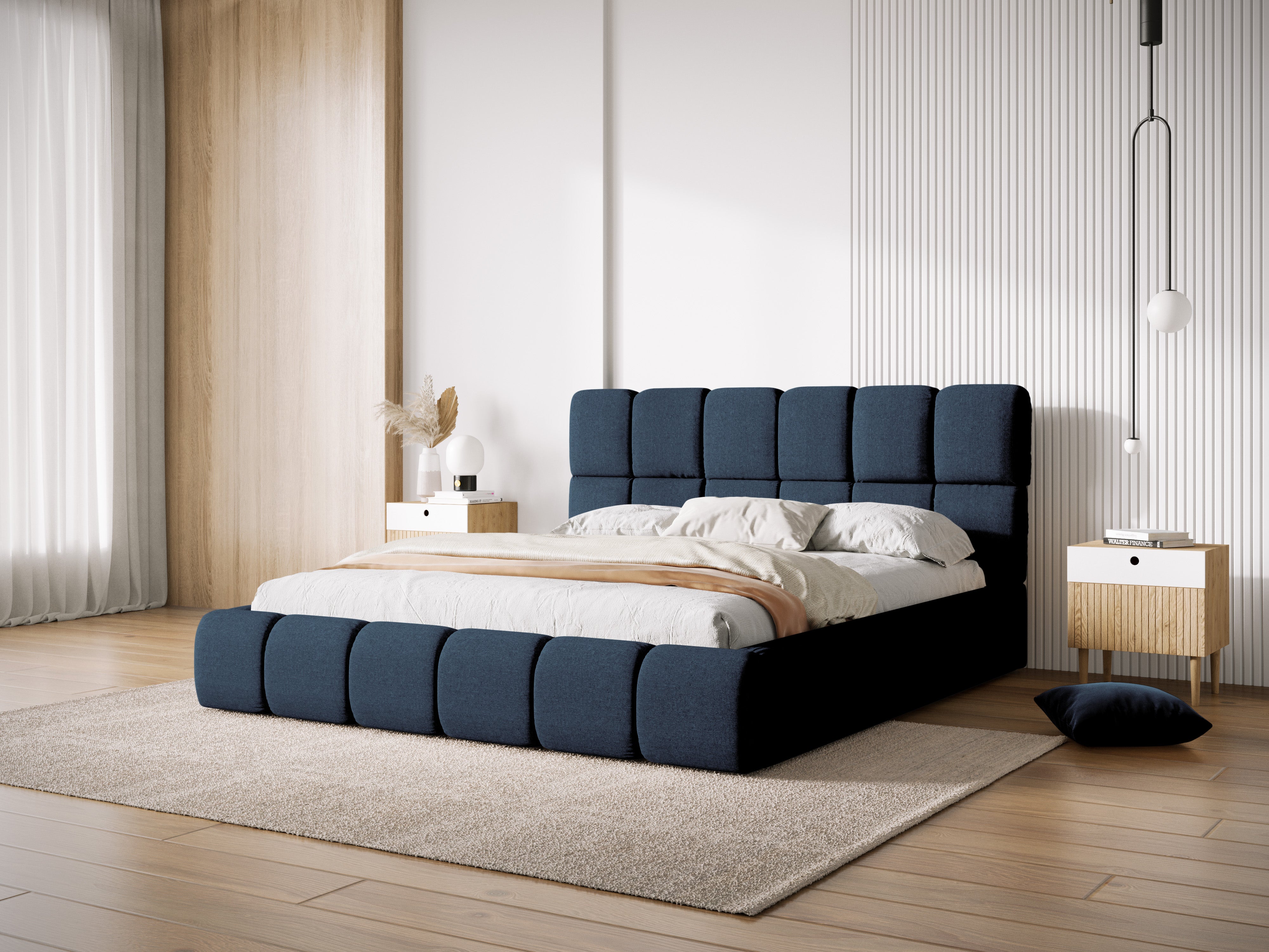BELLIS Bett mit Bettkasten in samtigem, blauen Chenille
