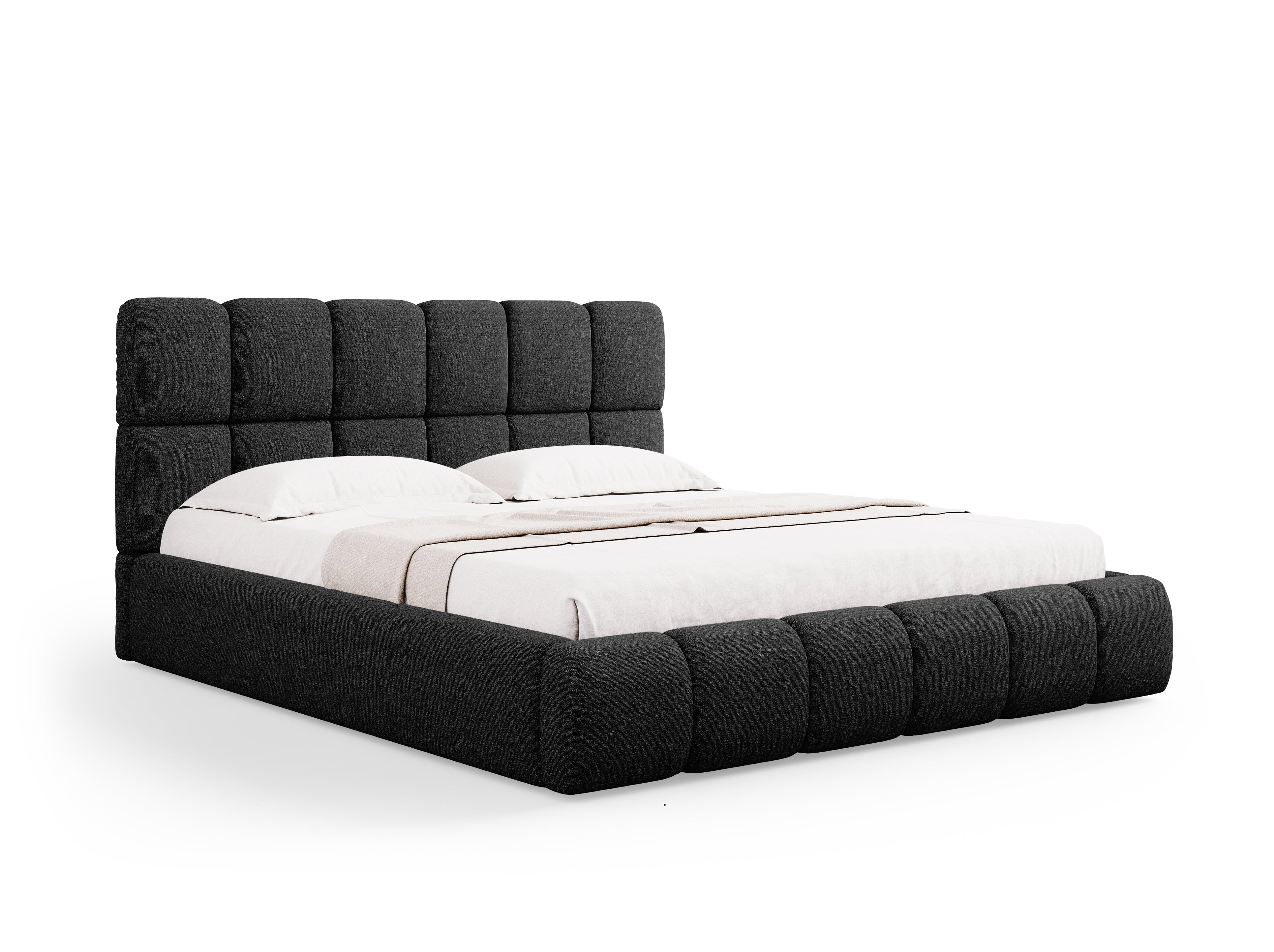 Bett mit Bettkasten BELLIS in schwarzem, seidig schimmerndem Chenille