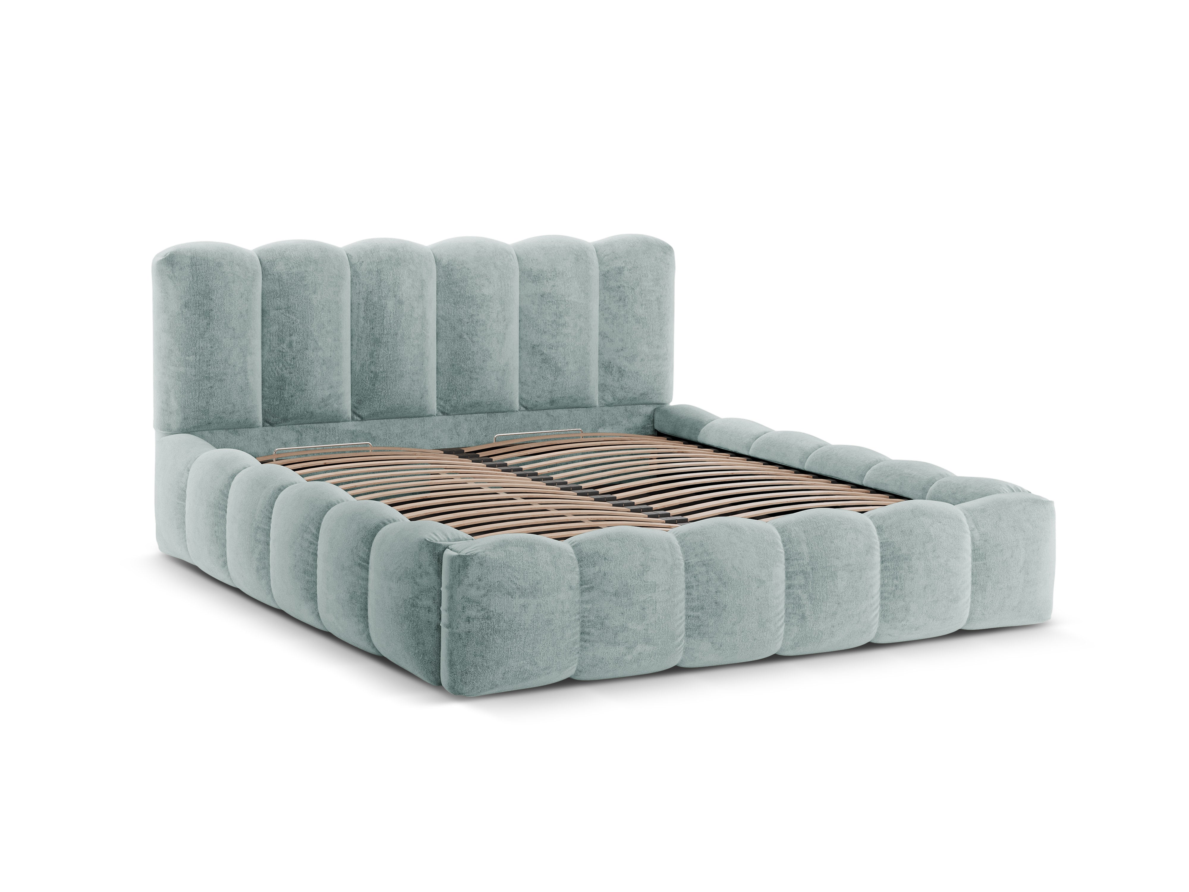Bett mit Bettkasten LUPINE hellblauer Chenille
