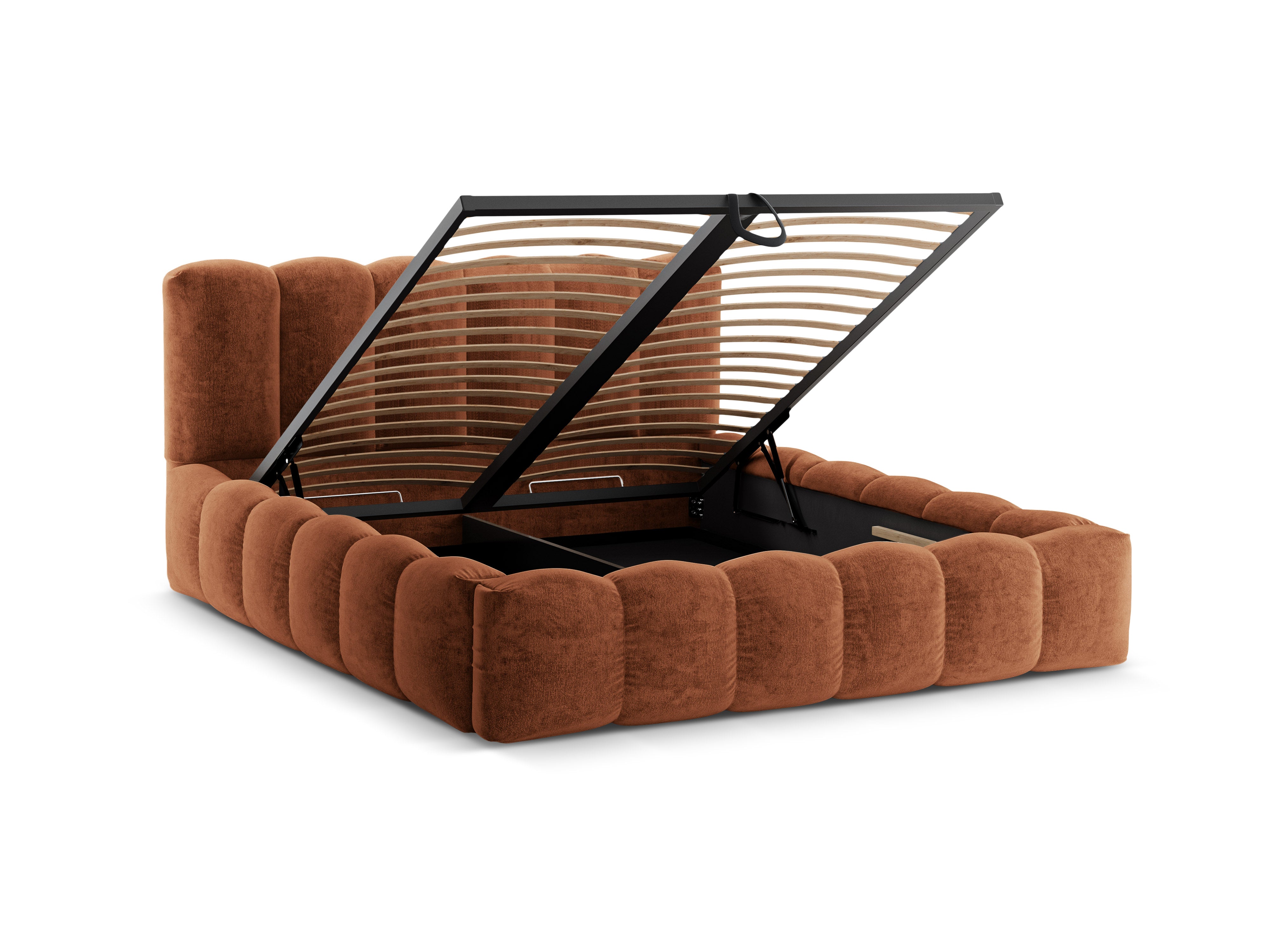 Bett mit Bettkasten LUPINE ziegelrot Chenille