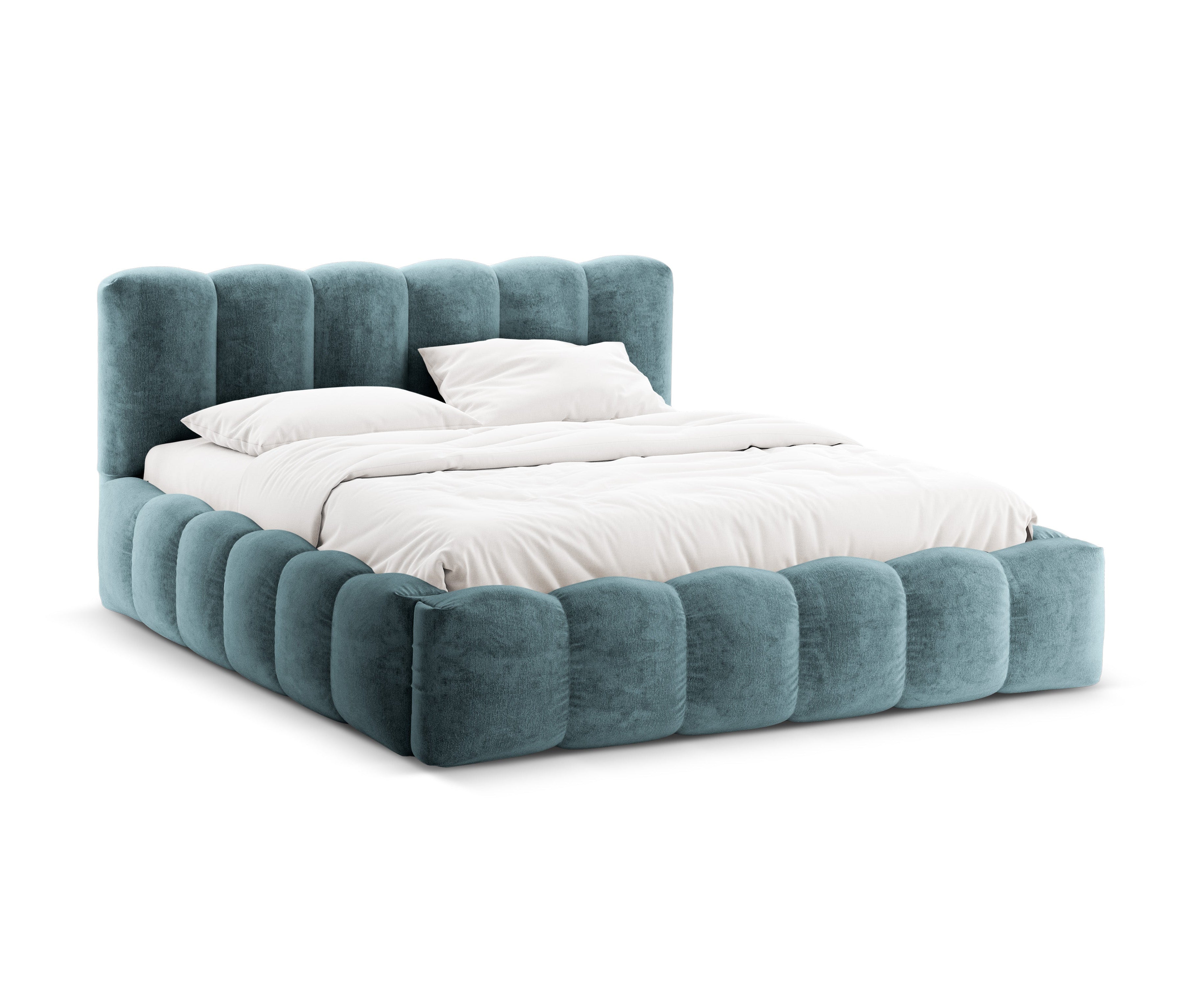 Bett mit Bettkasten LUPINE in jeansblauem schimmerndem Chenille