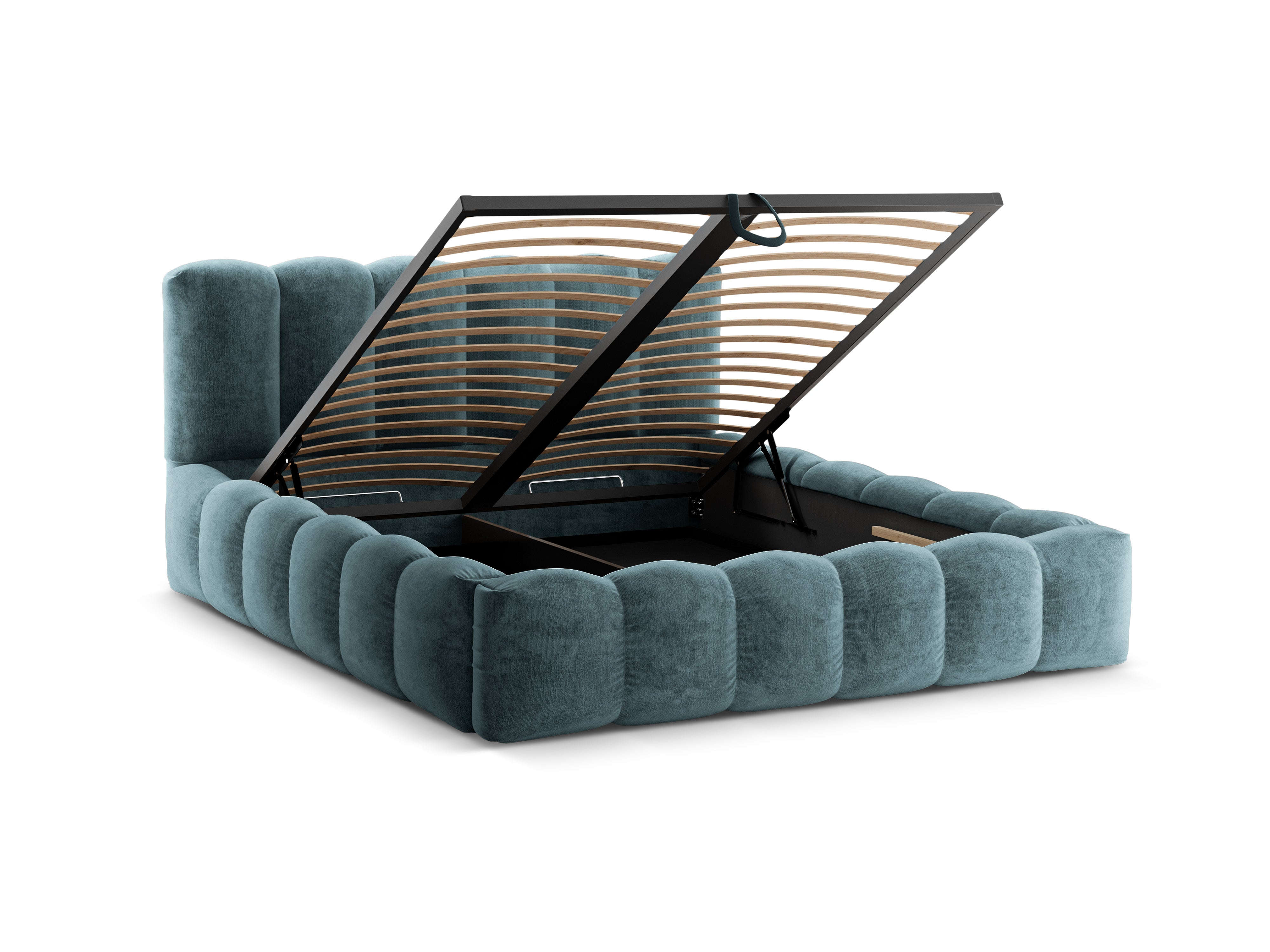 Bett mit Bettkasten LUPINE in jeansblauem schimmerndem Chenille