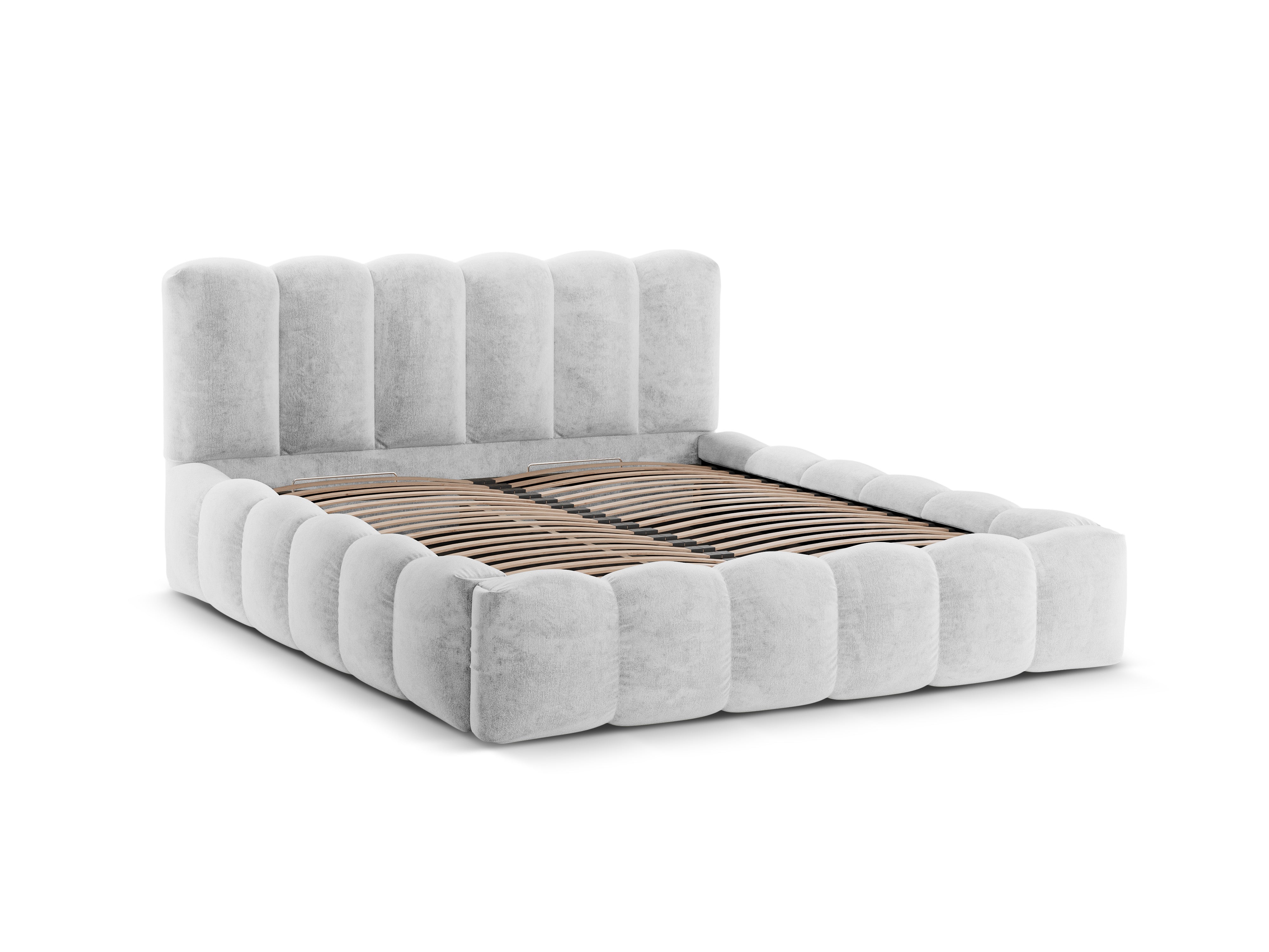 Bett mit Bettkasten LUPINE in silbernem schimmerndem Chenille
