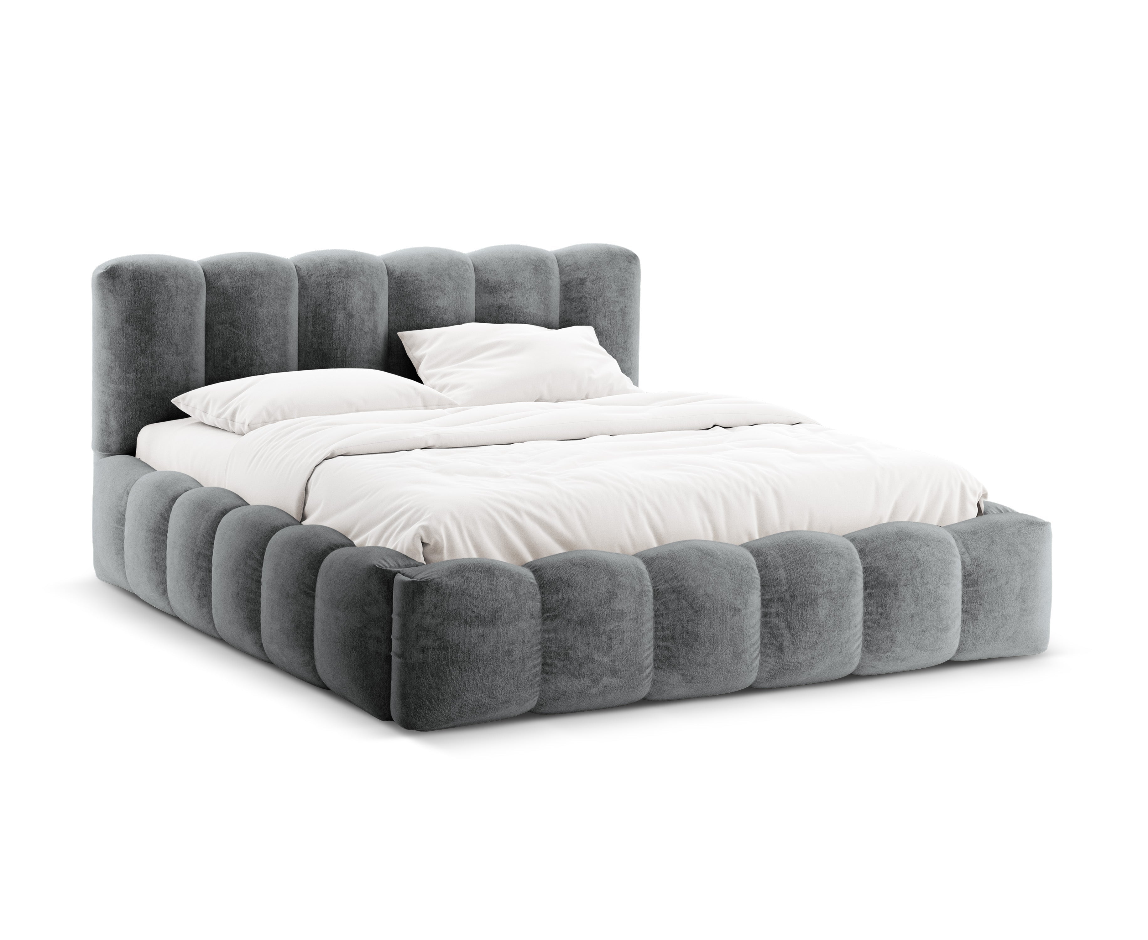 Bett mit Bettkasten LUPINE in platinfarbenem schimmerndem Chenille