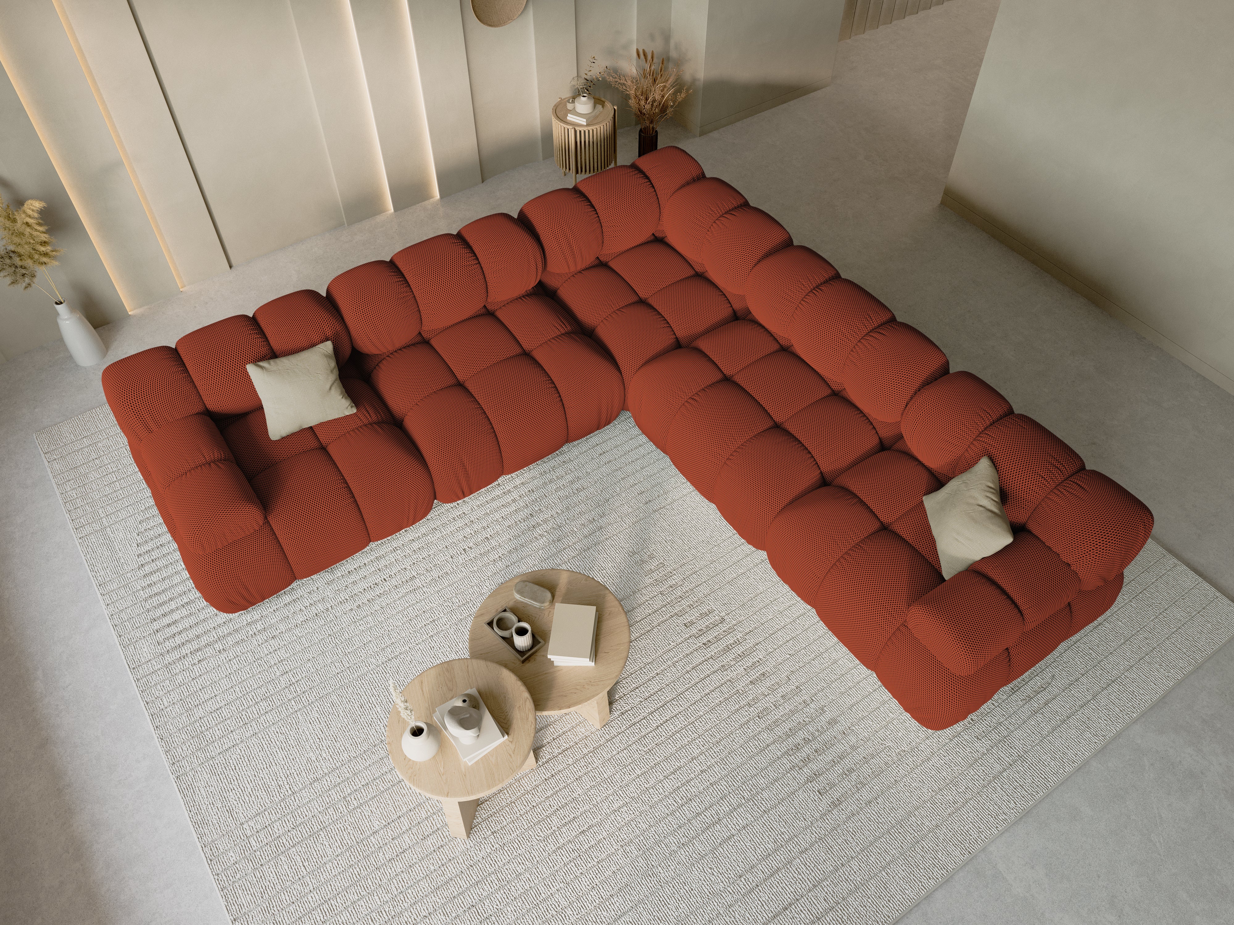 Symmetrische Eckcouch BELLIS aus ziegelrotem 3D-Stoff