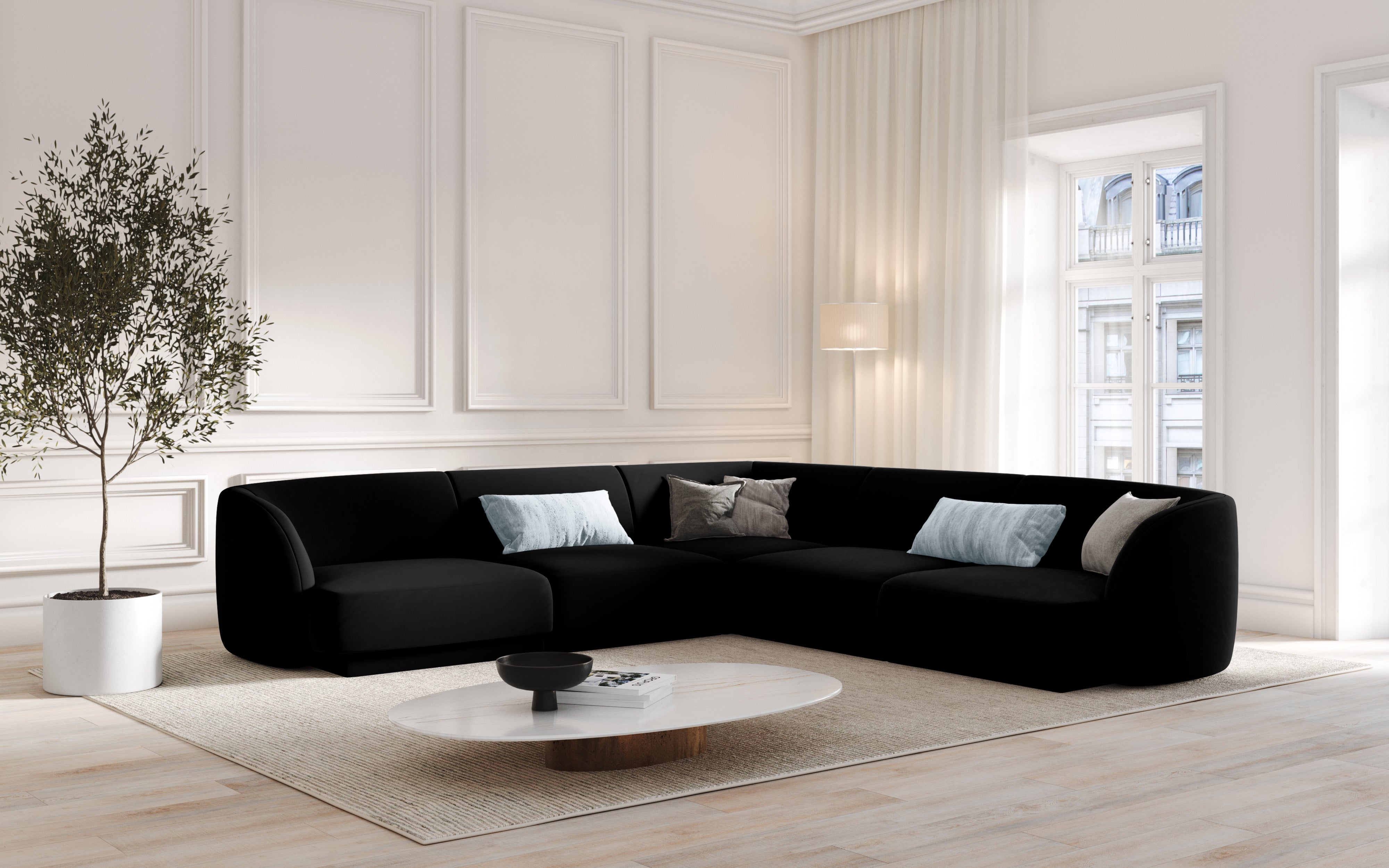 Linksseitiges 6-Sitzer-Sofa MILEY aus schwarzem Chenille