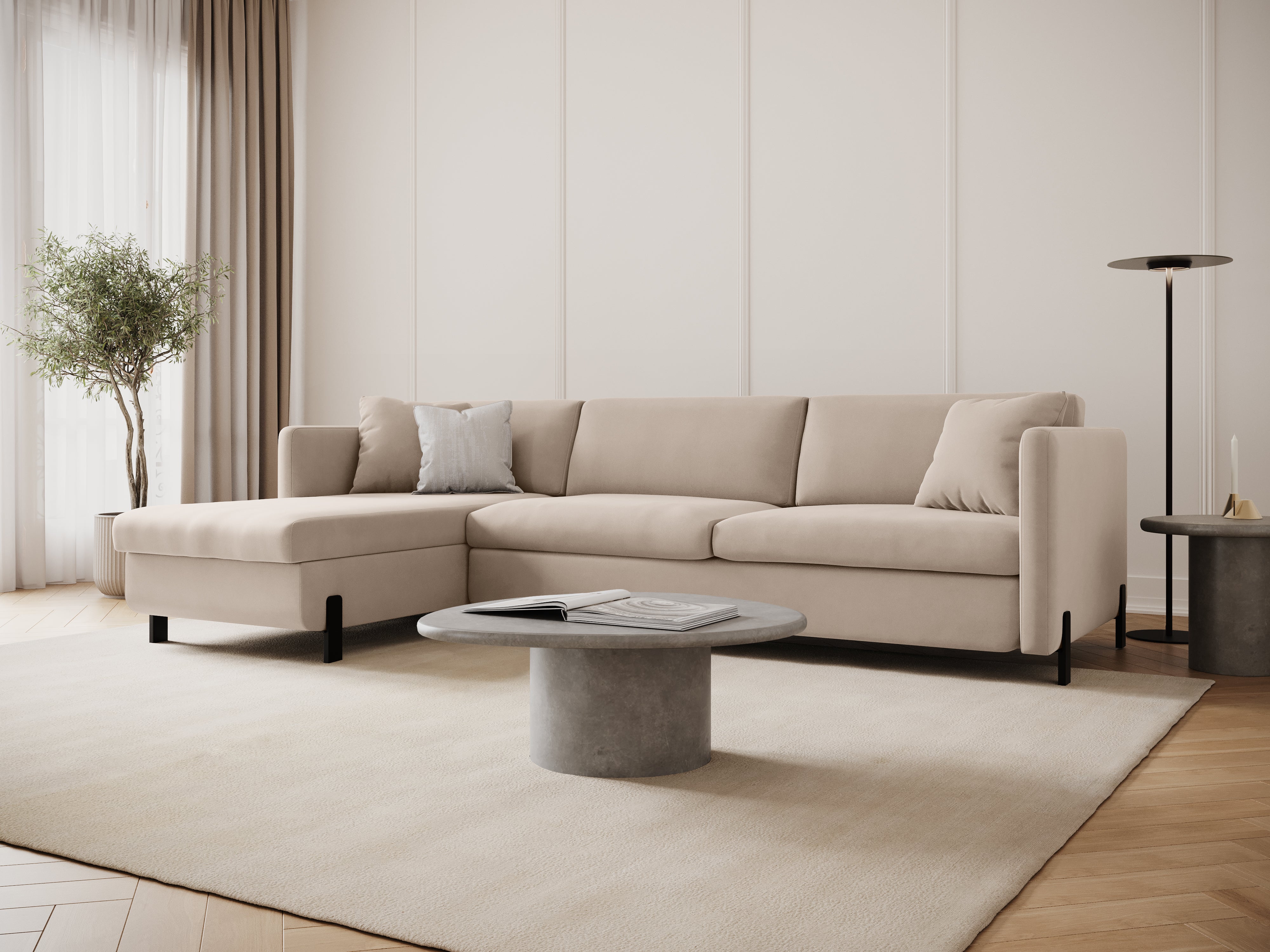 Velvet Left Corner Sofa with Bed Function, "Gloria", 5 Seats, Beige, 280x170x80
Made in Europe