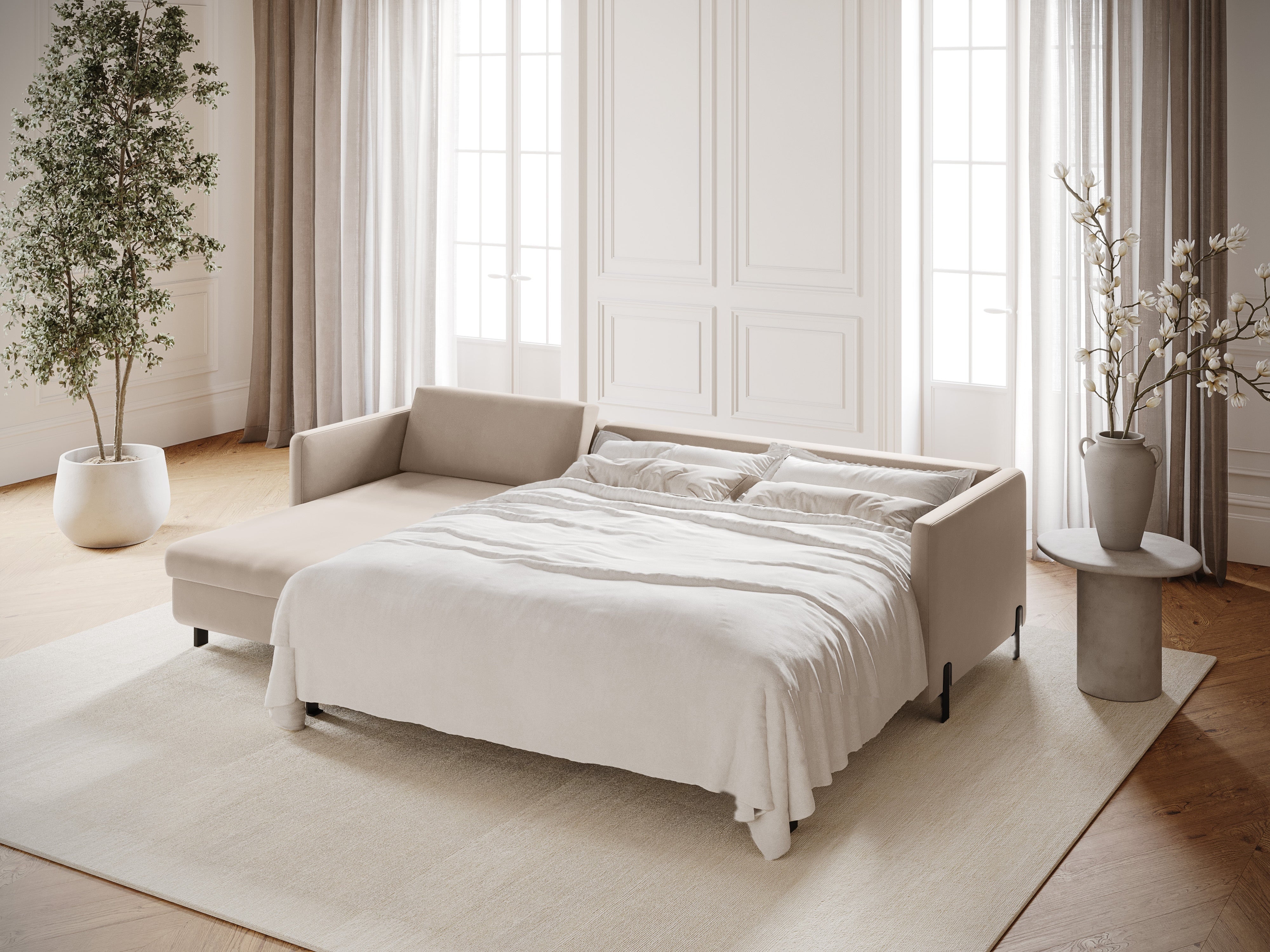 Velvet Left Corner Sofa with Bed Function, "Gloria", 5 Seats, Beige, 280x170x80
Made in Europe