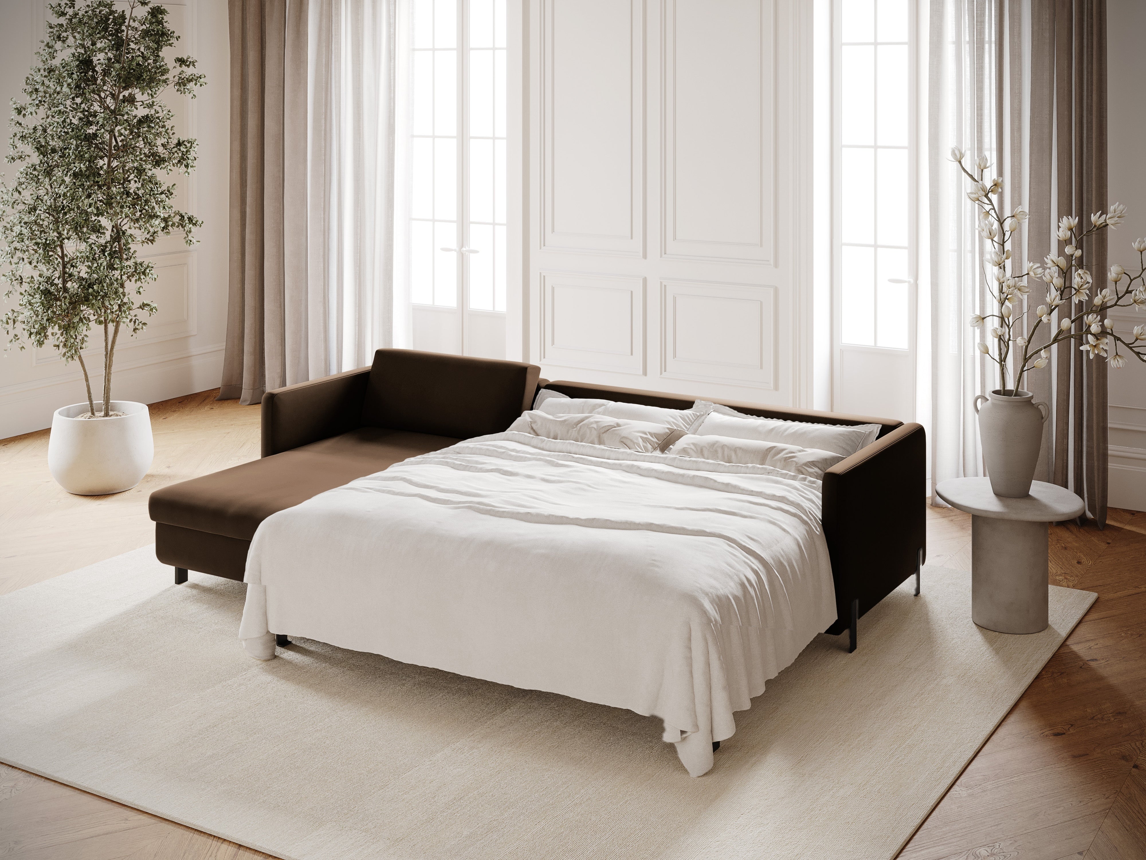 Velvet Left Corner Sofa with Bed Function, "Gloria", 5 Seats, Chocolate, 280x170x80
Made in Europe