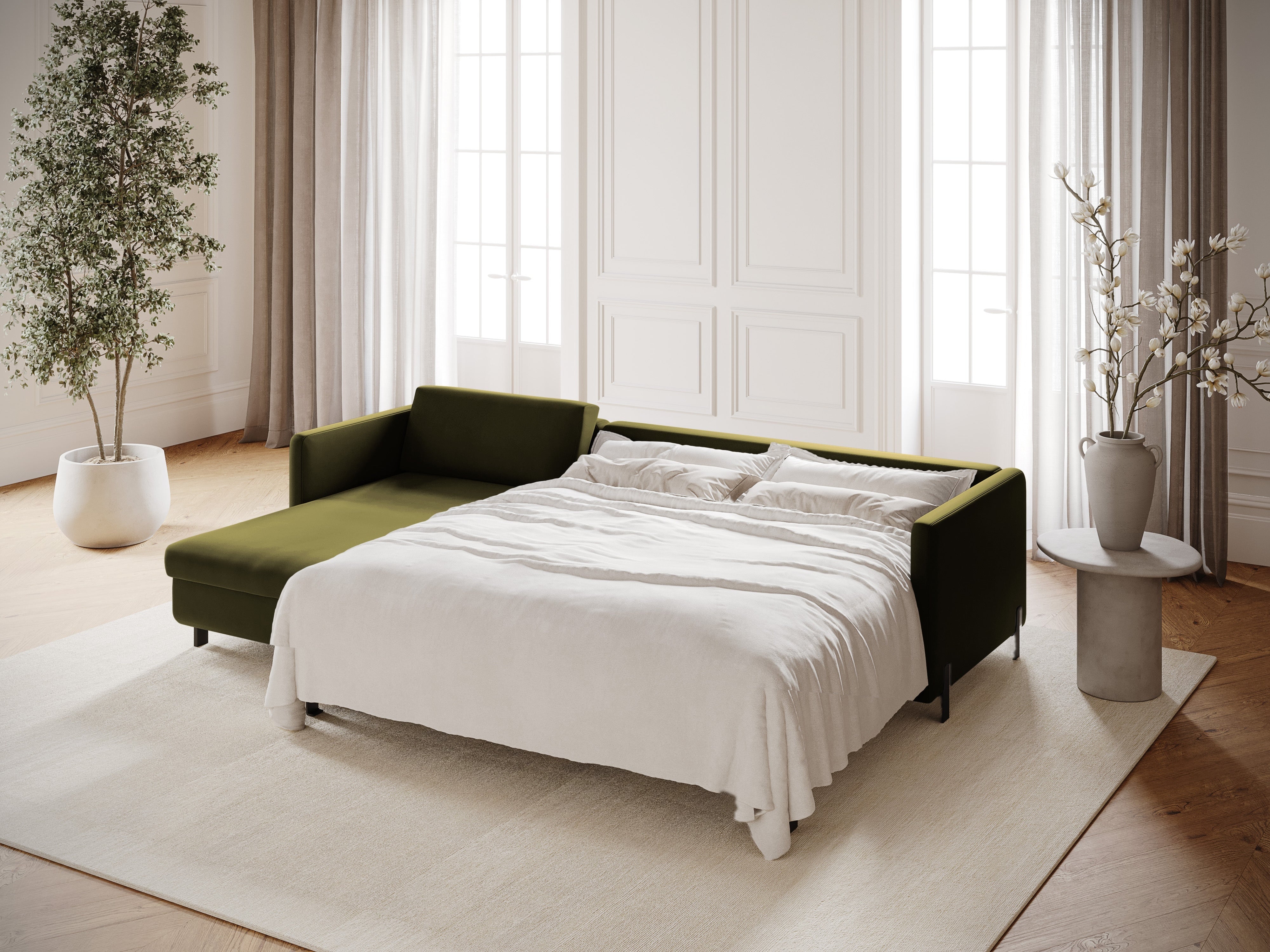 Velvet Left Corner Sofa with Bed Function, "Gloria", 5 Seats, Green, 280x170x80
Made in Europe