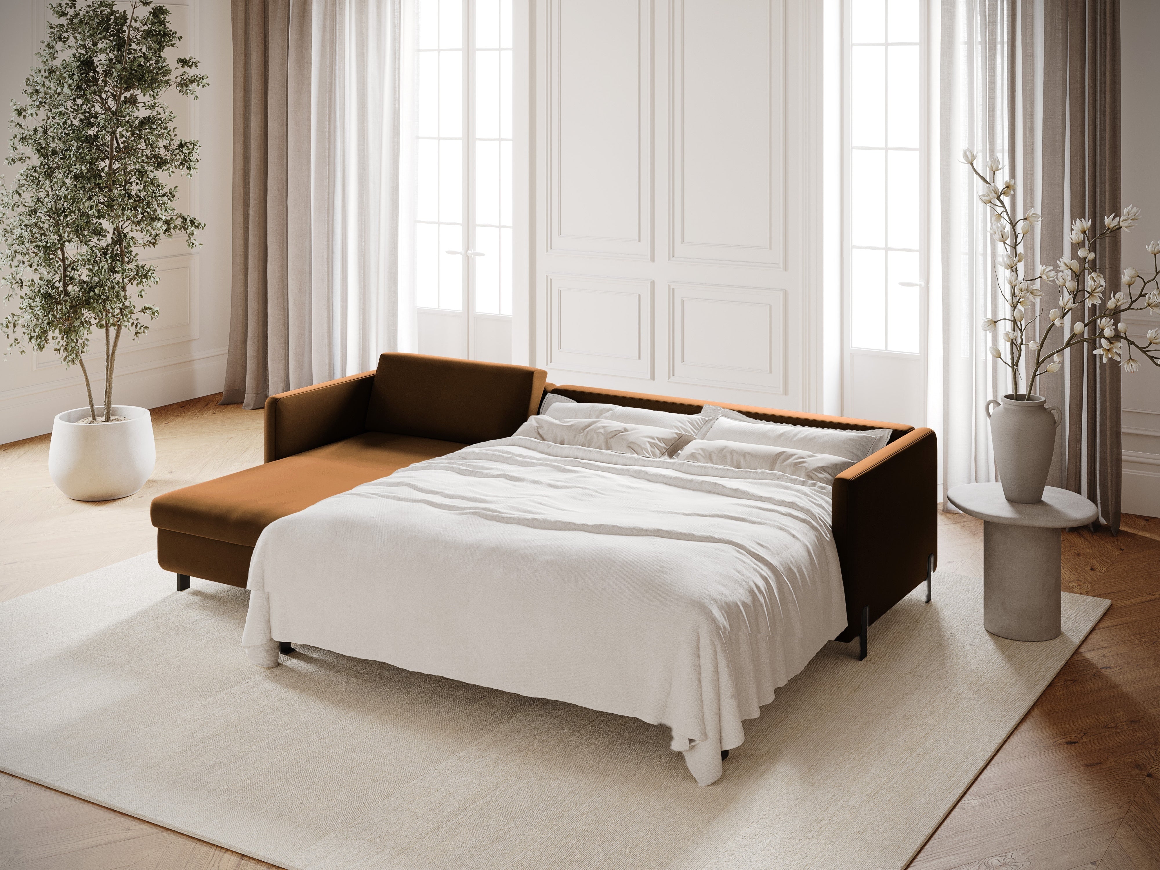 Velvet Left Corner Sofa with Bed Function, "Gloria", 5 Seats, Brown, 280x170x80
Made in Europe