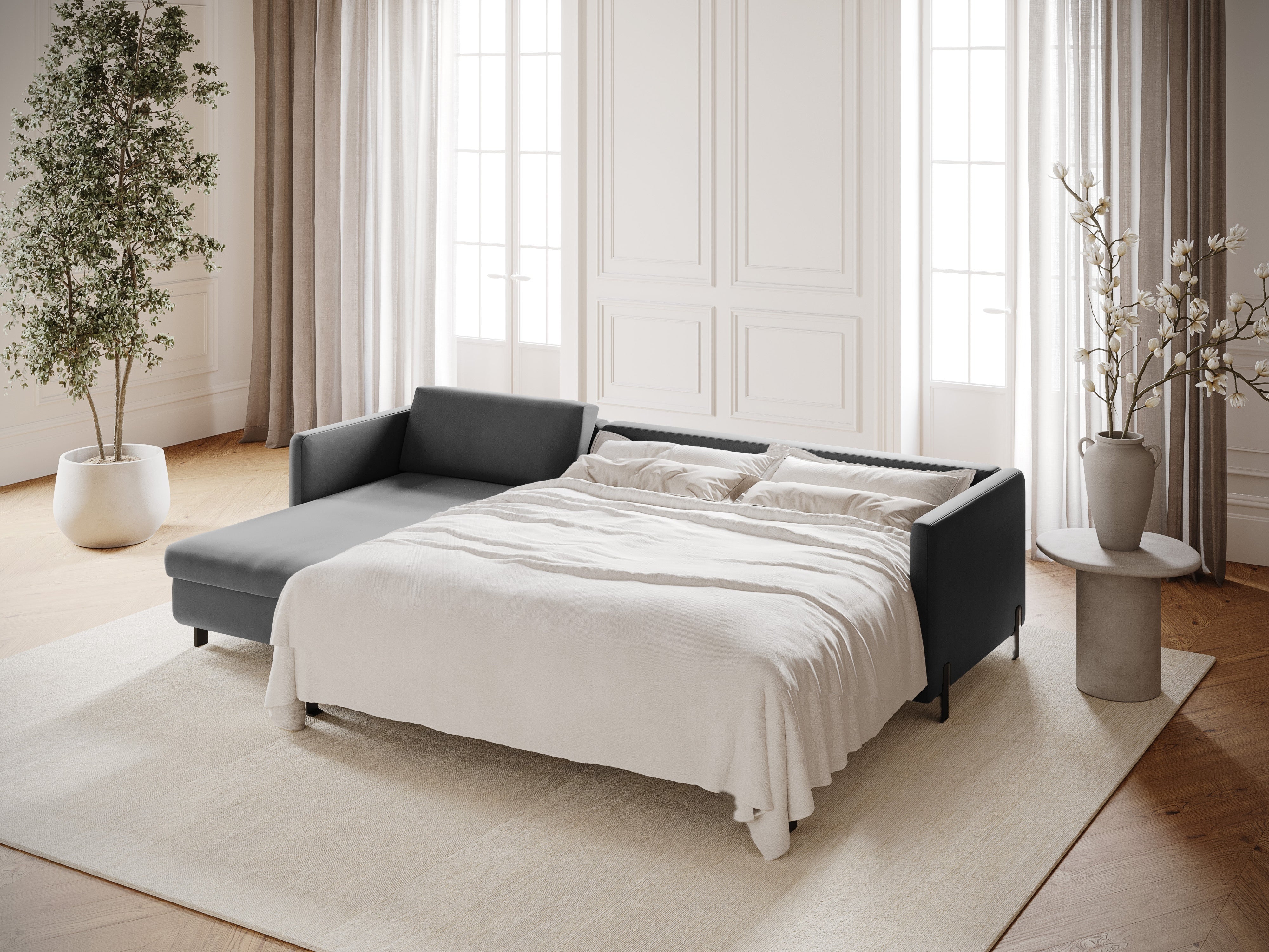Velvet Left Corner Sofa with Bed Function, "Gloria", 5 Seats, Gray, 280x170x80
Made in Europe