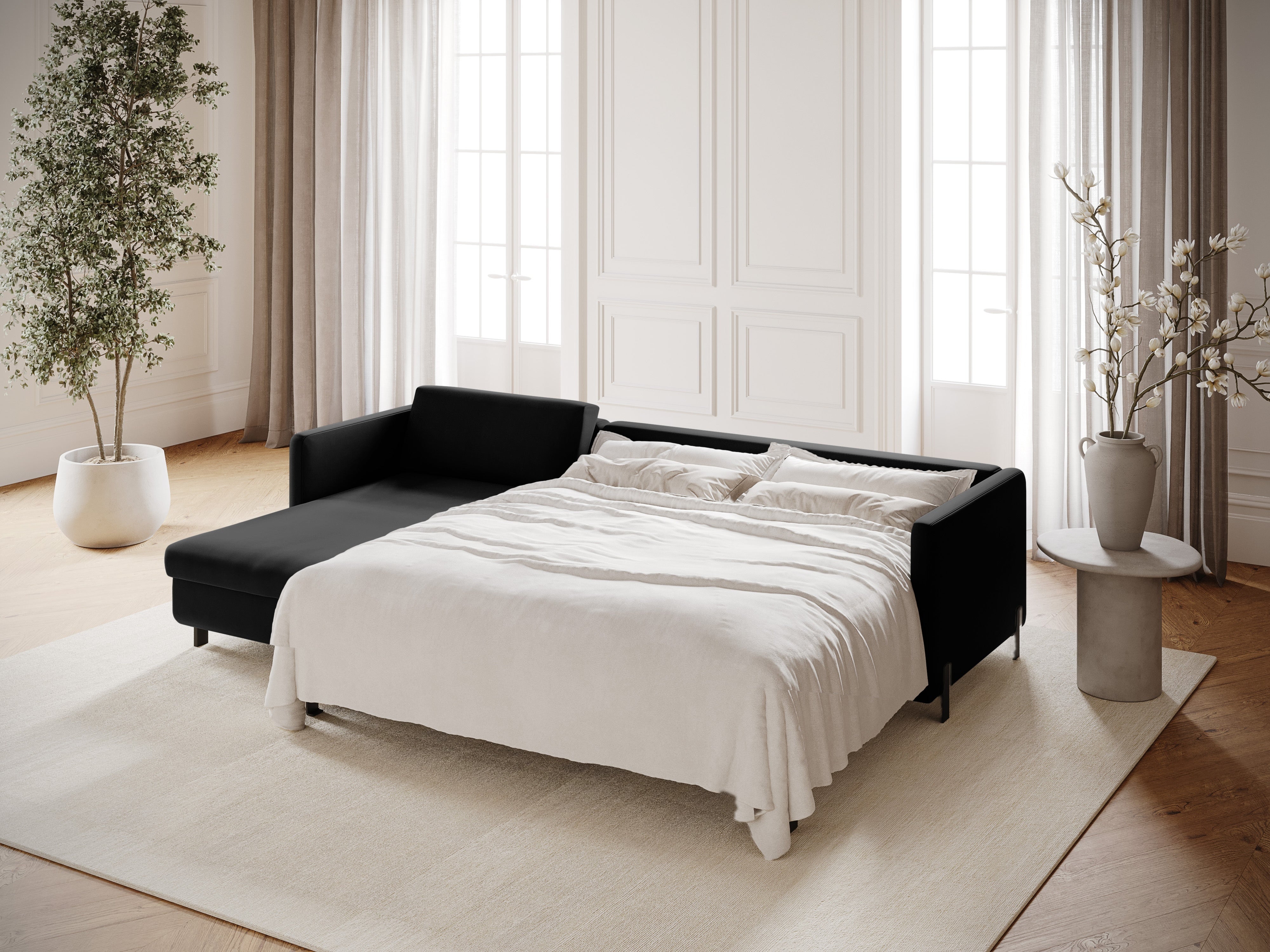 Velvet Left Corner Sofa with Bed Function, "Gloria", 5 Seats, Black, 280x170x80
Made in Europe