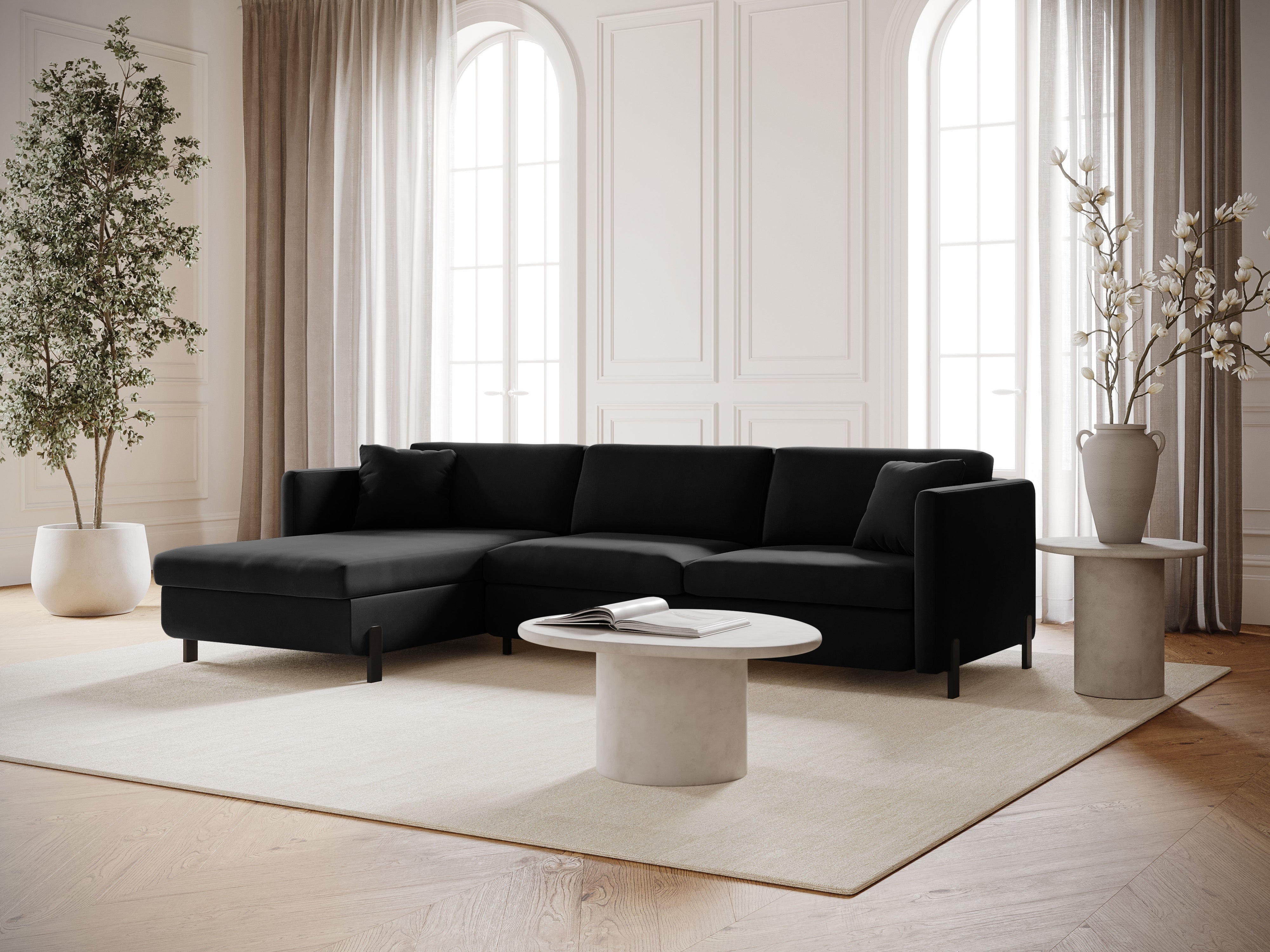Velvet Left Corner Sofa with Bed Function, "Gloria", 5 Seats, Black, 280x170x80
Made in Europe