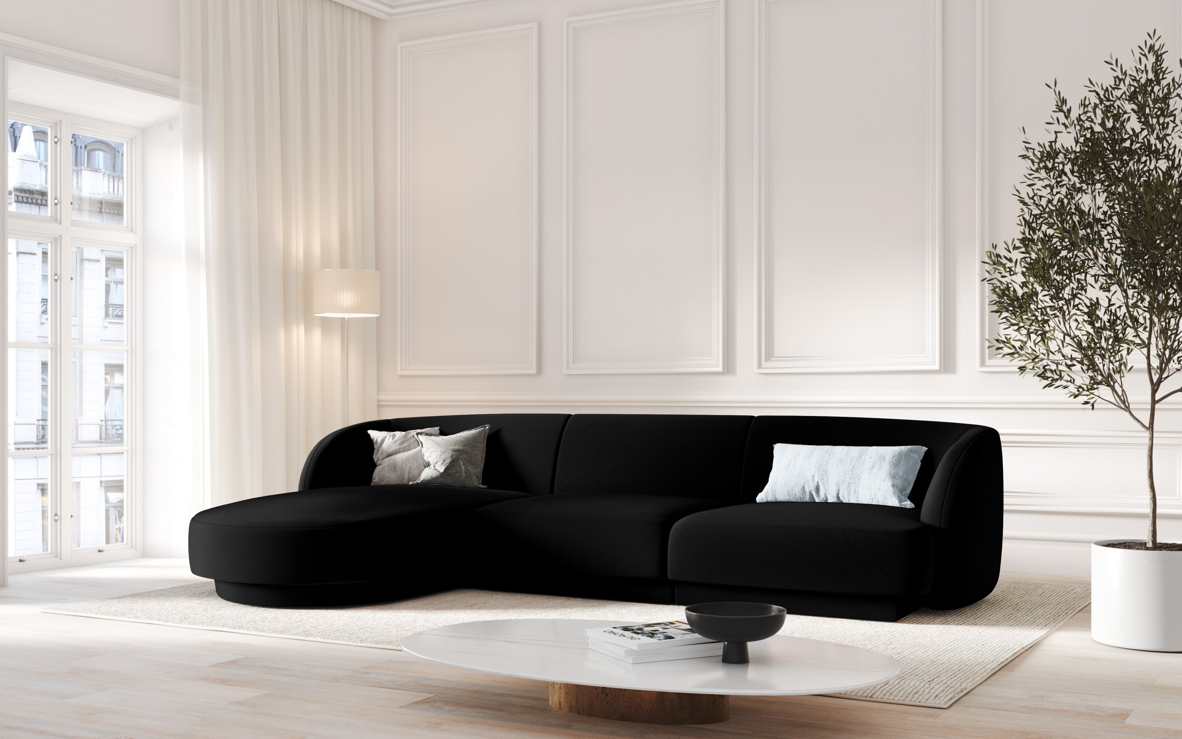 Linksseitiges 6-Sitzer-Sofa MILEY aus schwarzem Chenille