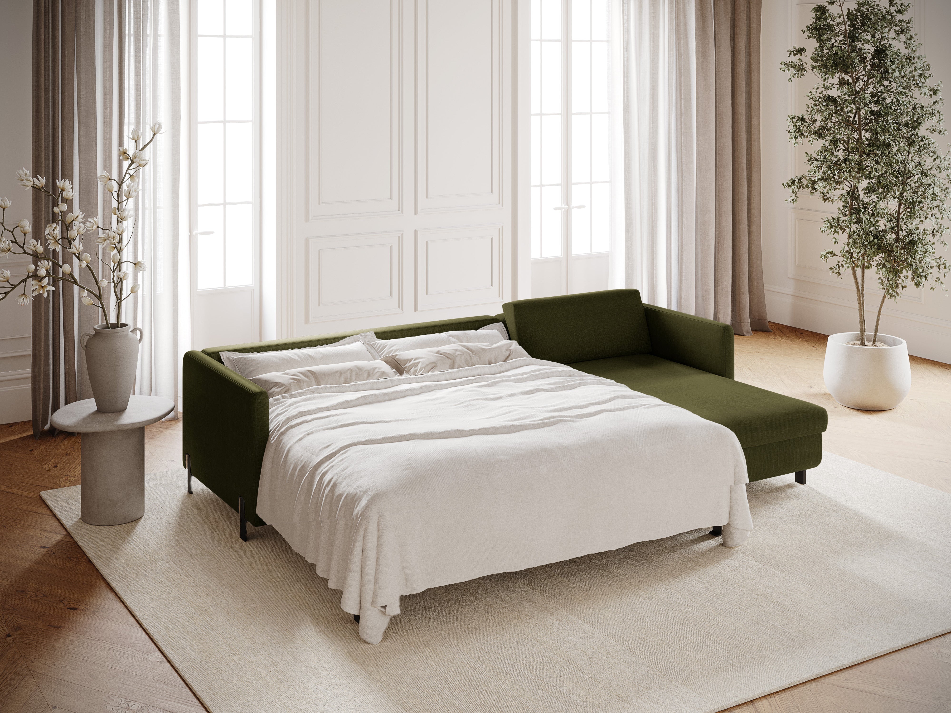 Right Corner Sofa with Bed Function and Box, "Gloria", 5 Seats, Green, 280x170x80
Made in Europe