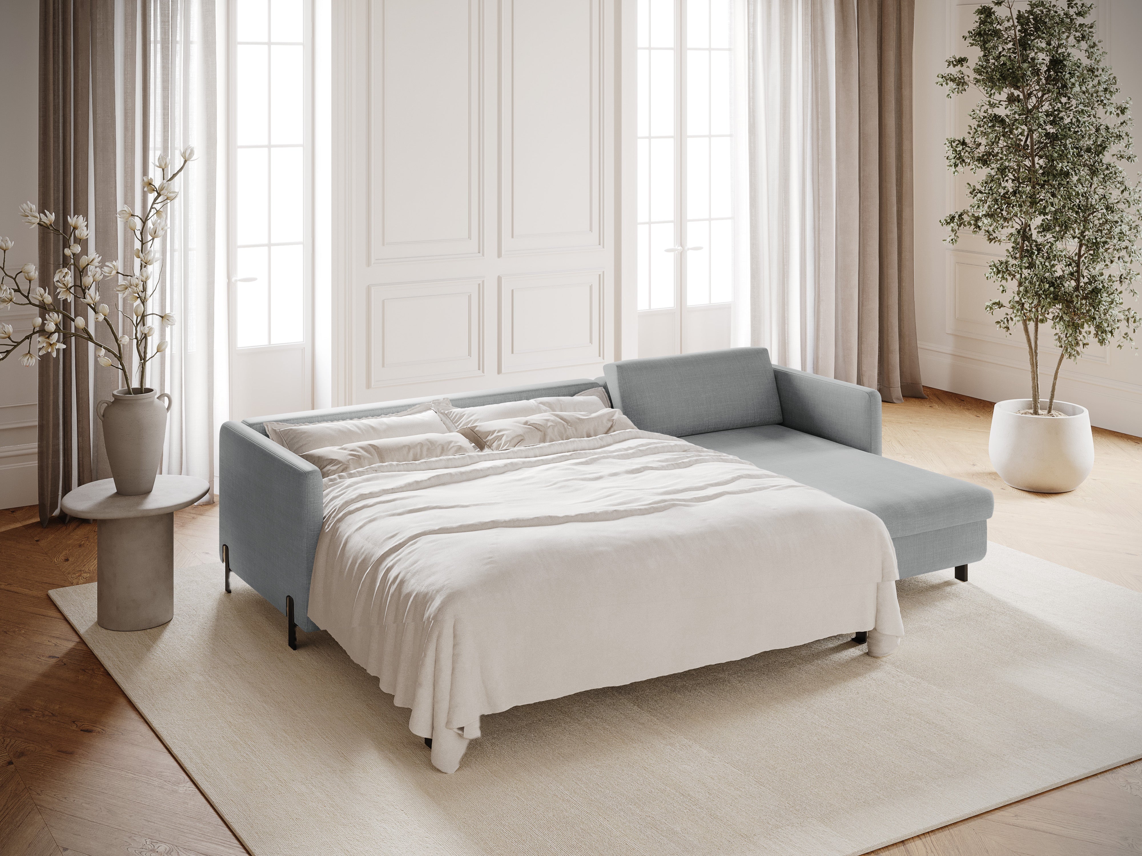 Rechte Ecke -Sofa mit Bettfunktion und Box, "Gloria", 5 Sitze, hellgrau, 280x170x80
In Europa gemacht