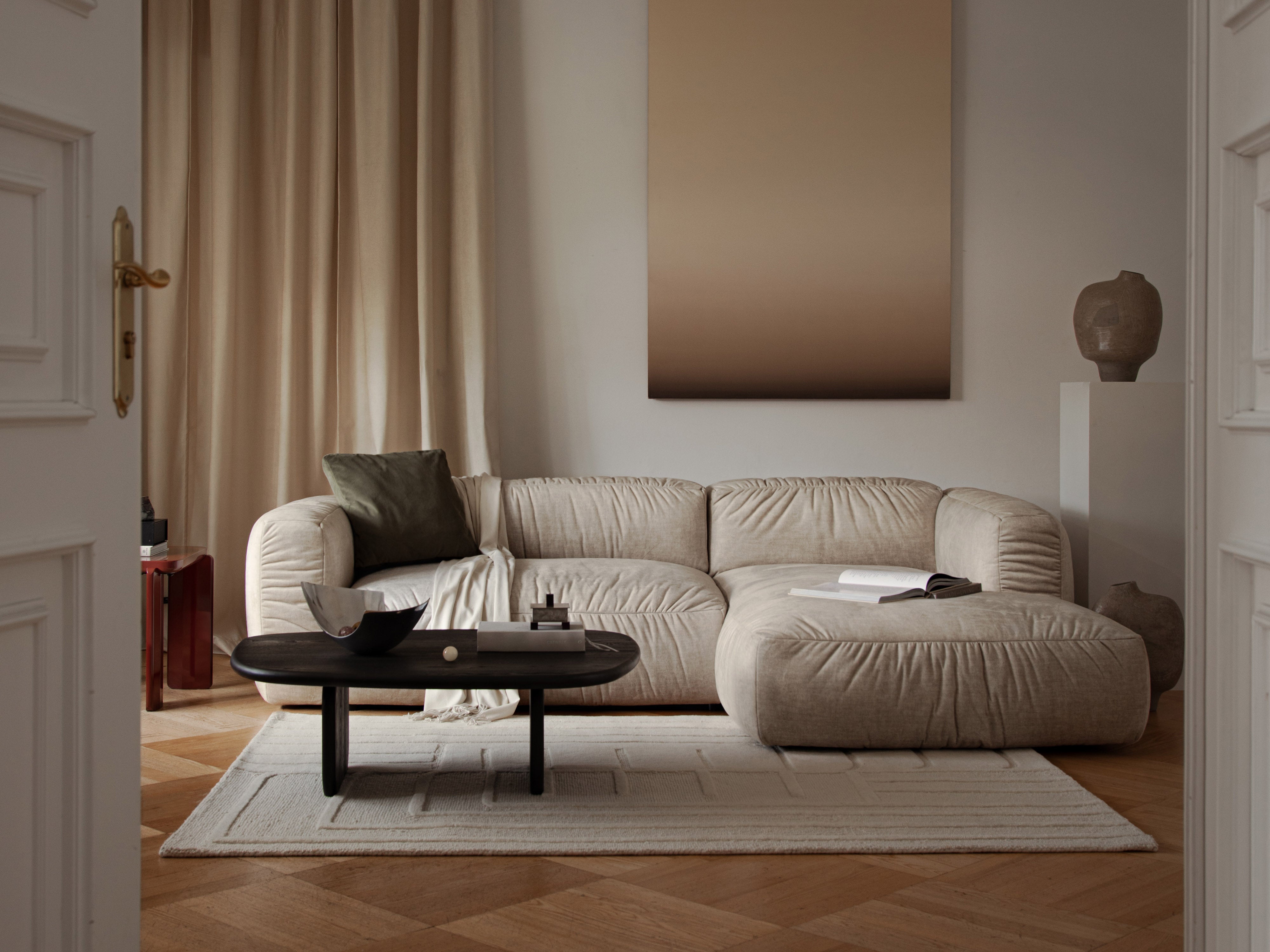 Samt-Ecksofa rechts mit Schlaffunktion MARTINA dunkelbeige