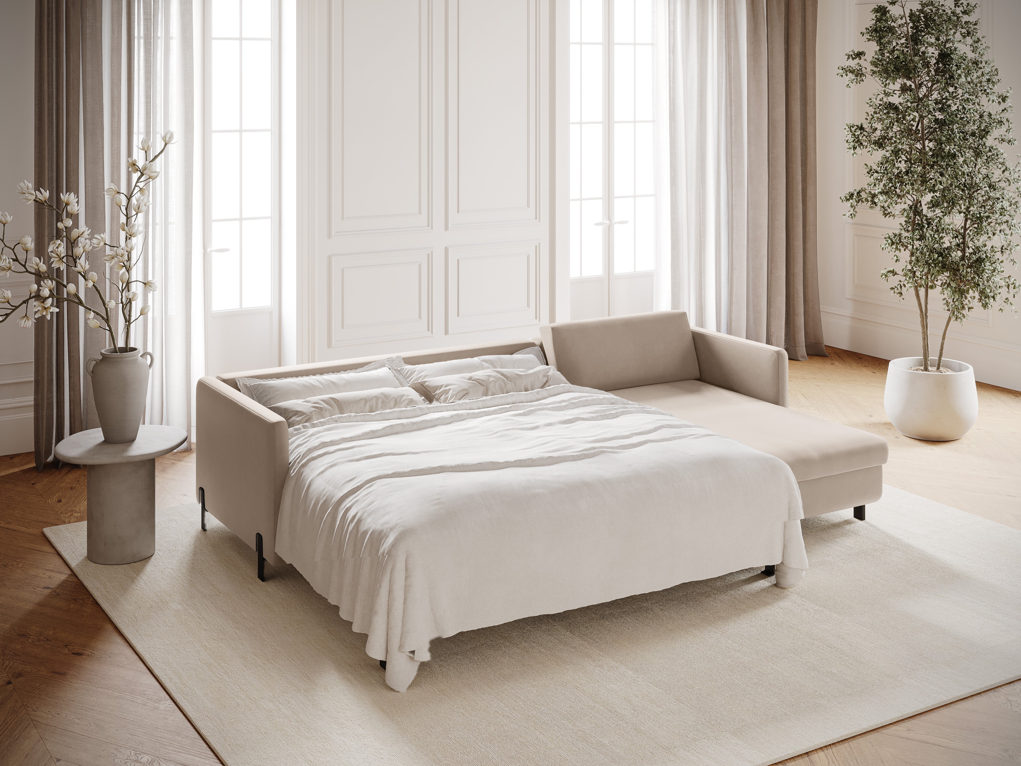 Velvet Right Corner Sofa with Bed Function, "Gloria", 5 Seats, Beige, 280x170x80
Made in Europe