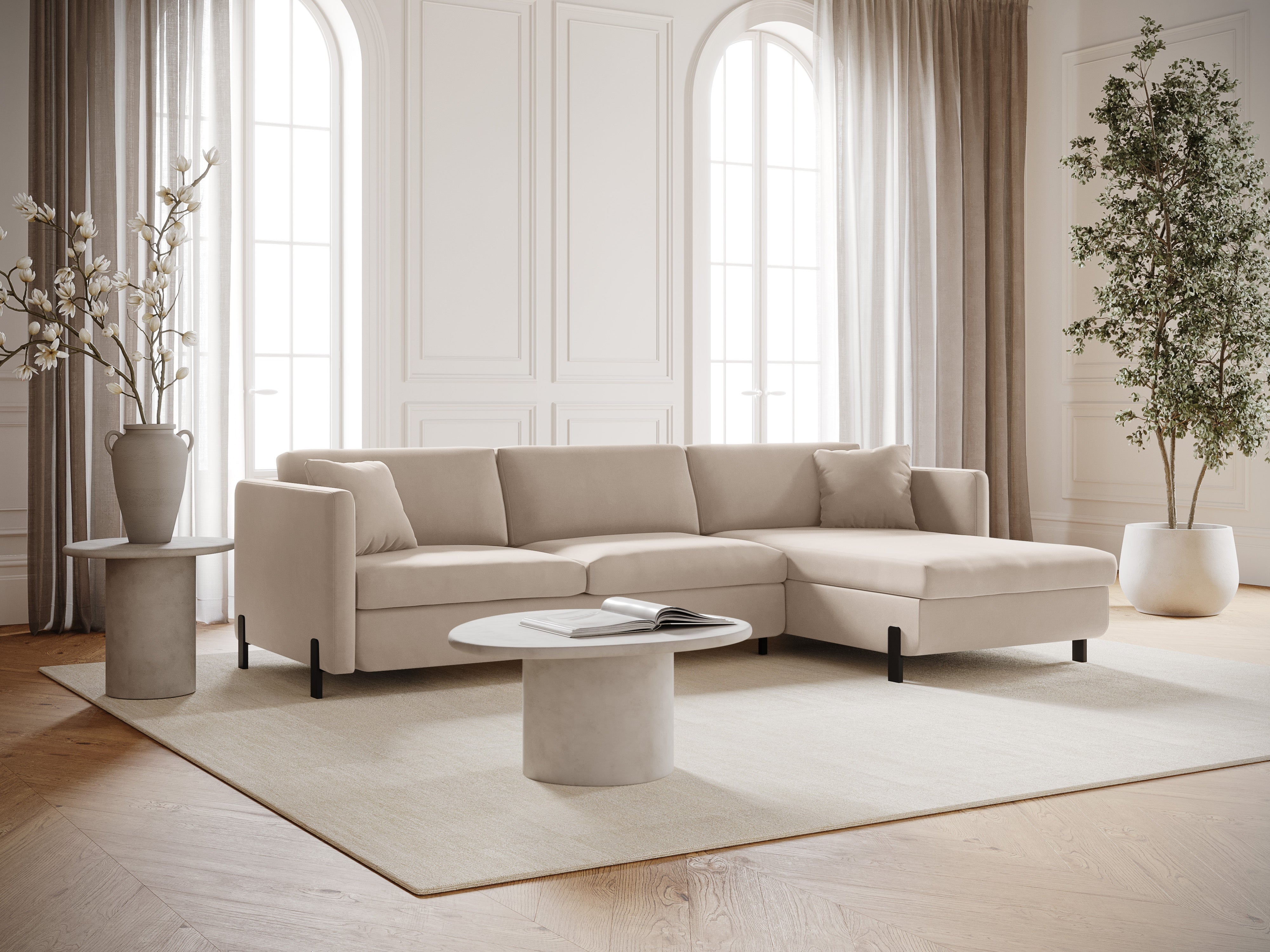 Velvet Right Corner Sofa with Bed Function, "Gloria", 5 Seats, Beige, 280x170x80
Made in Europe