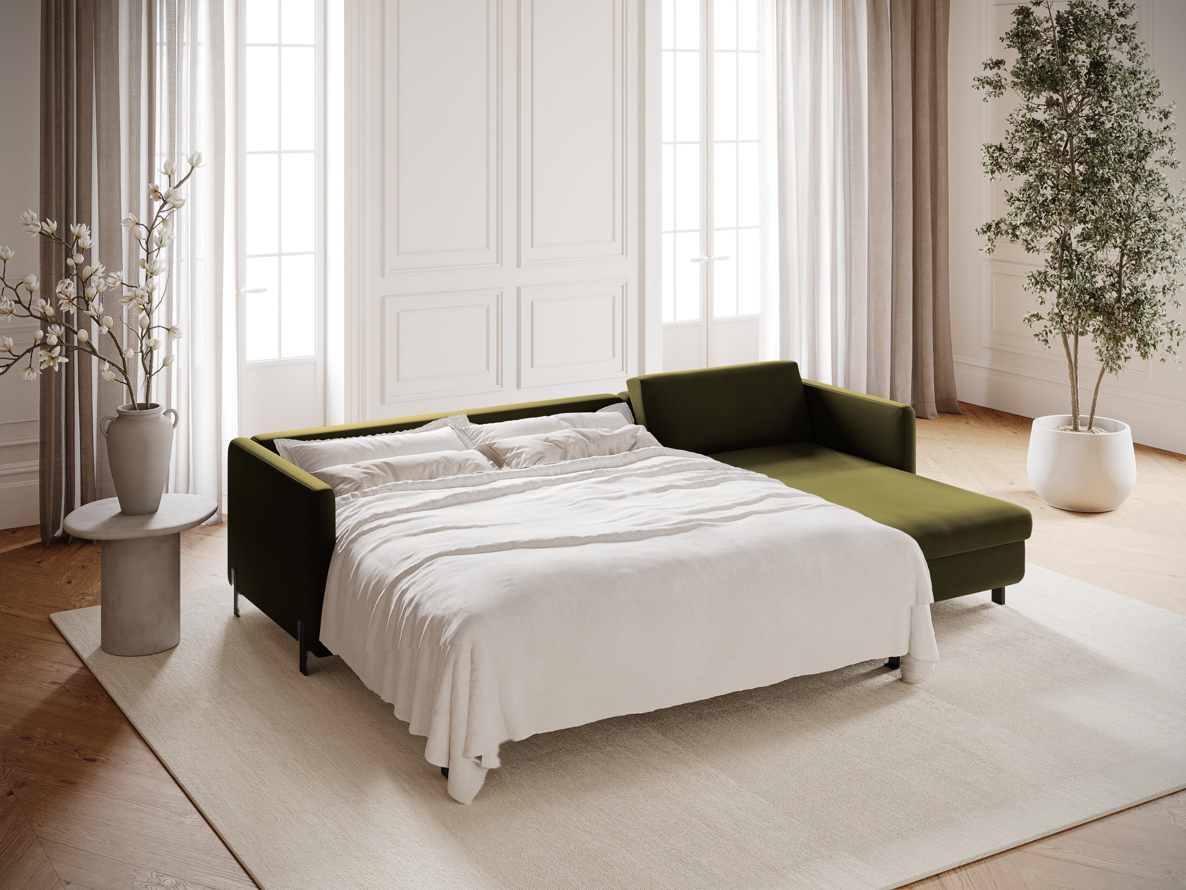 Velvet Right Corner Sofa with Bed Function, "Gloria", 5 Seats, Green, 280x170x80
Made in Europe