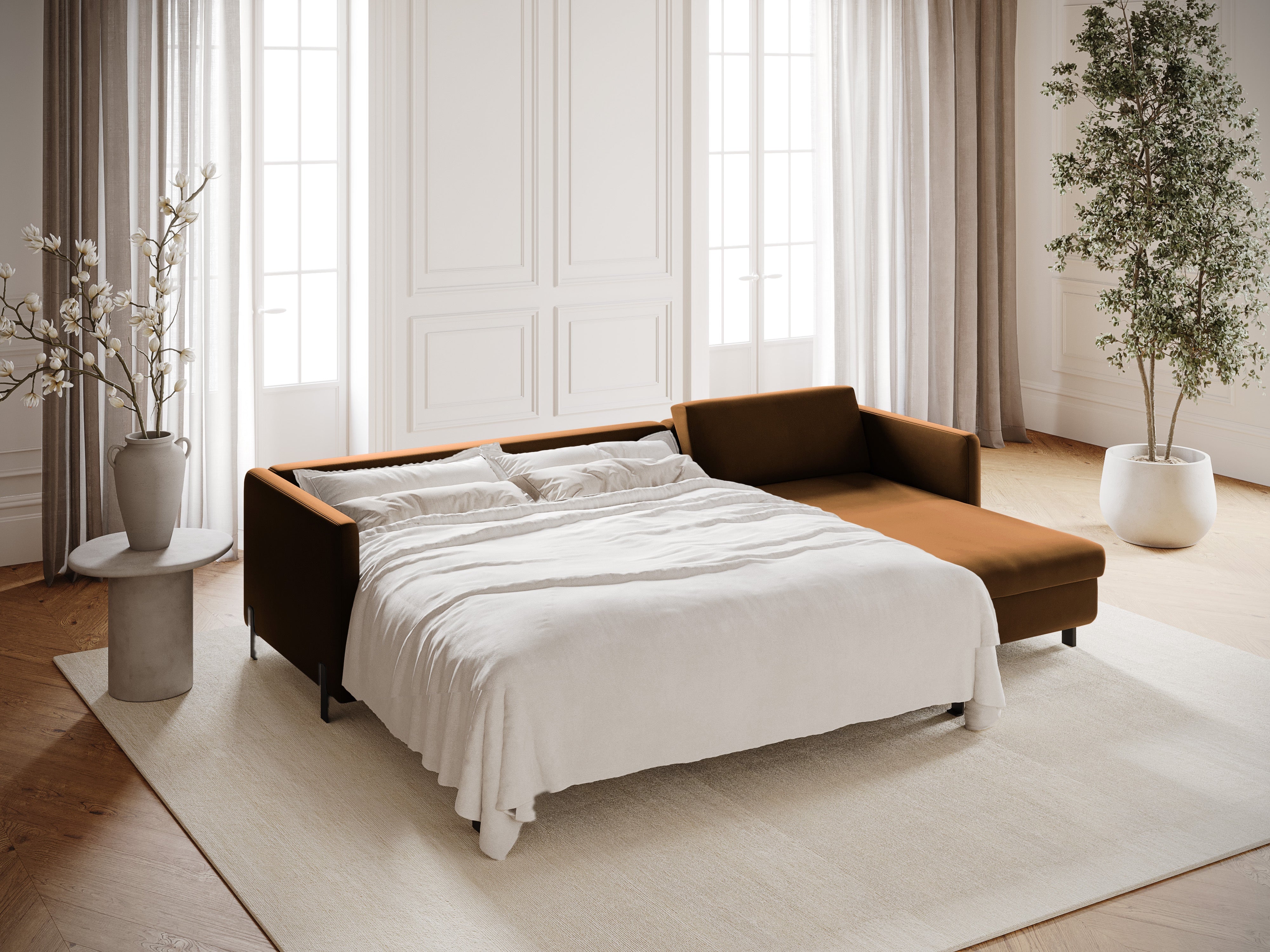 Velvet Right Corner Sofa with Bed Function, "Gloria", 5 Seats, Brown, 280x170x80
Made in Europe