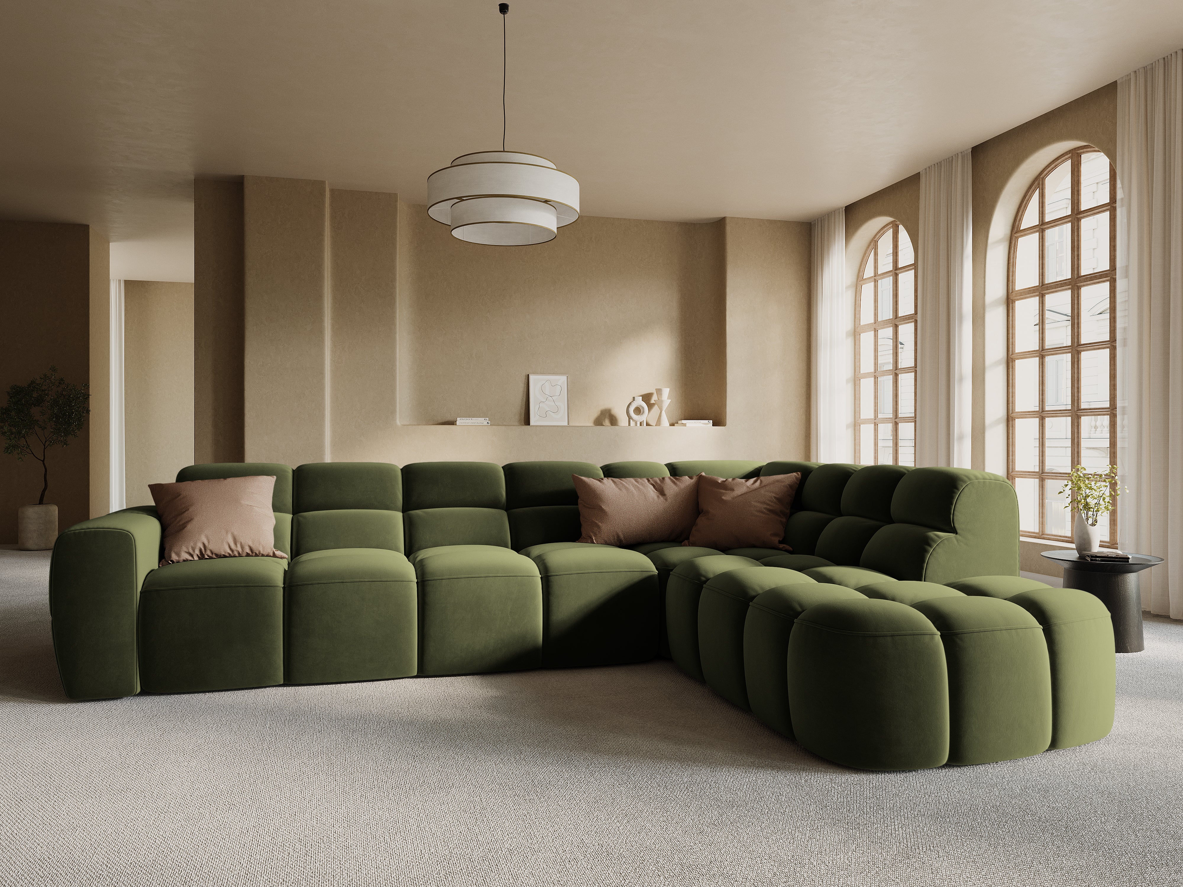 Right-facing velvet corner sofa LISA light green