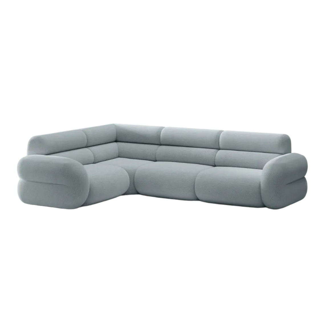 Linke L-förmige NEO-Couch in himmelblauem Boucle.