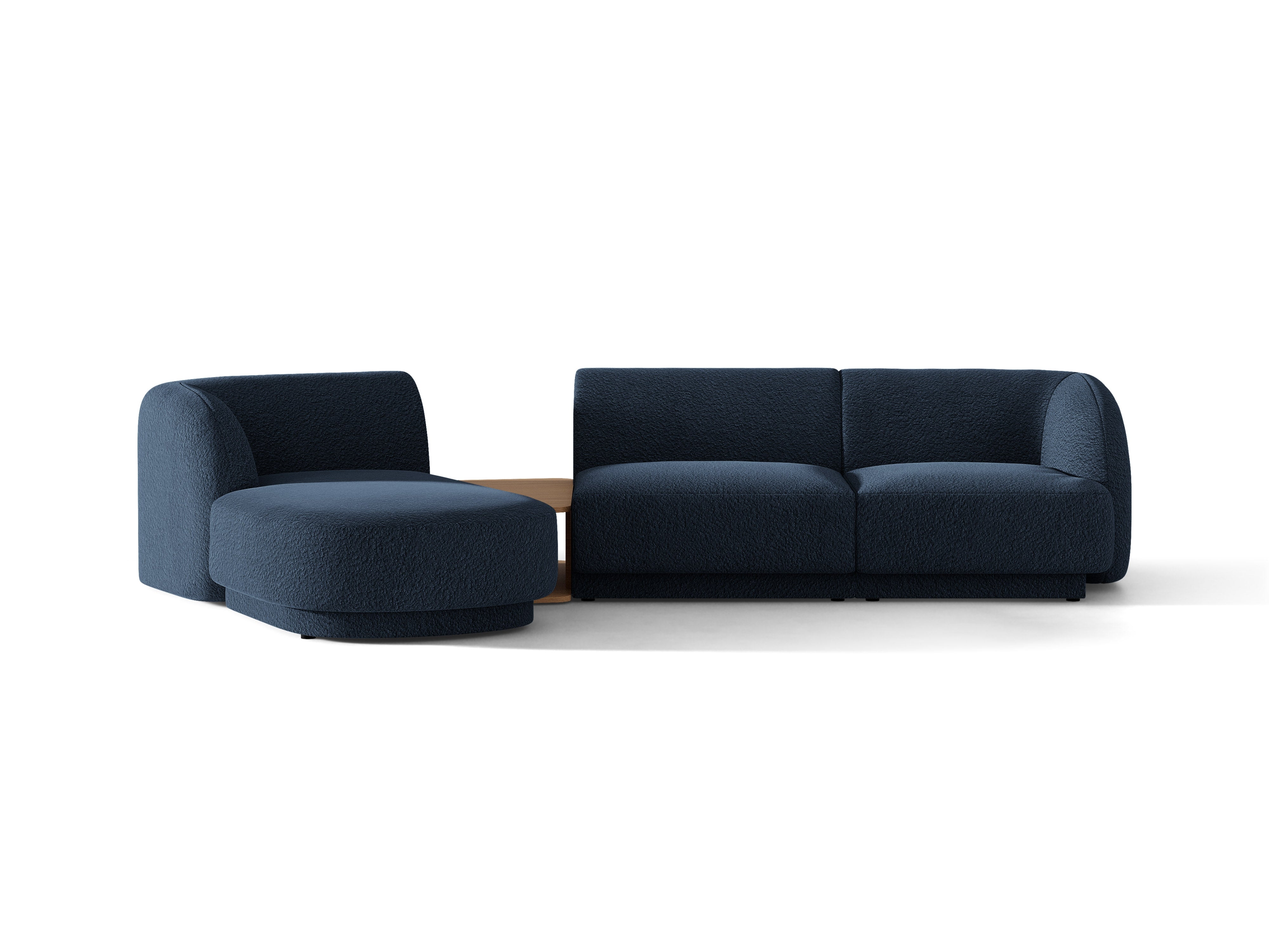 Modulares Ecksofa mit Tisch, 3-Sitzer, linksseitig, MILEY, dunkelblau Boucle