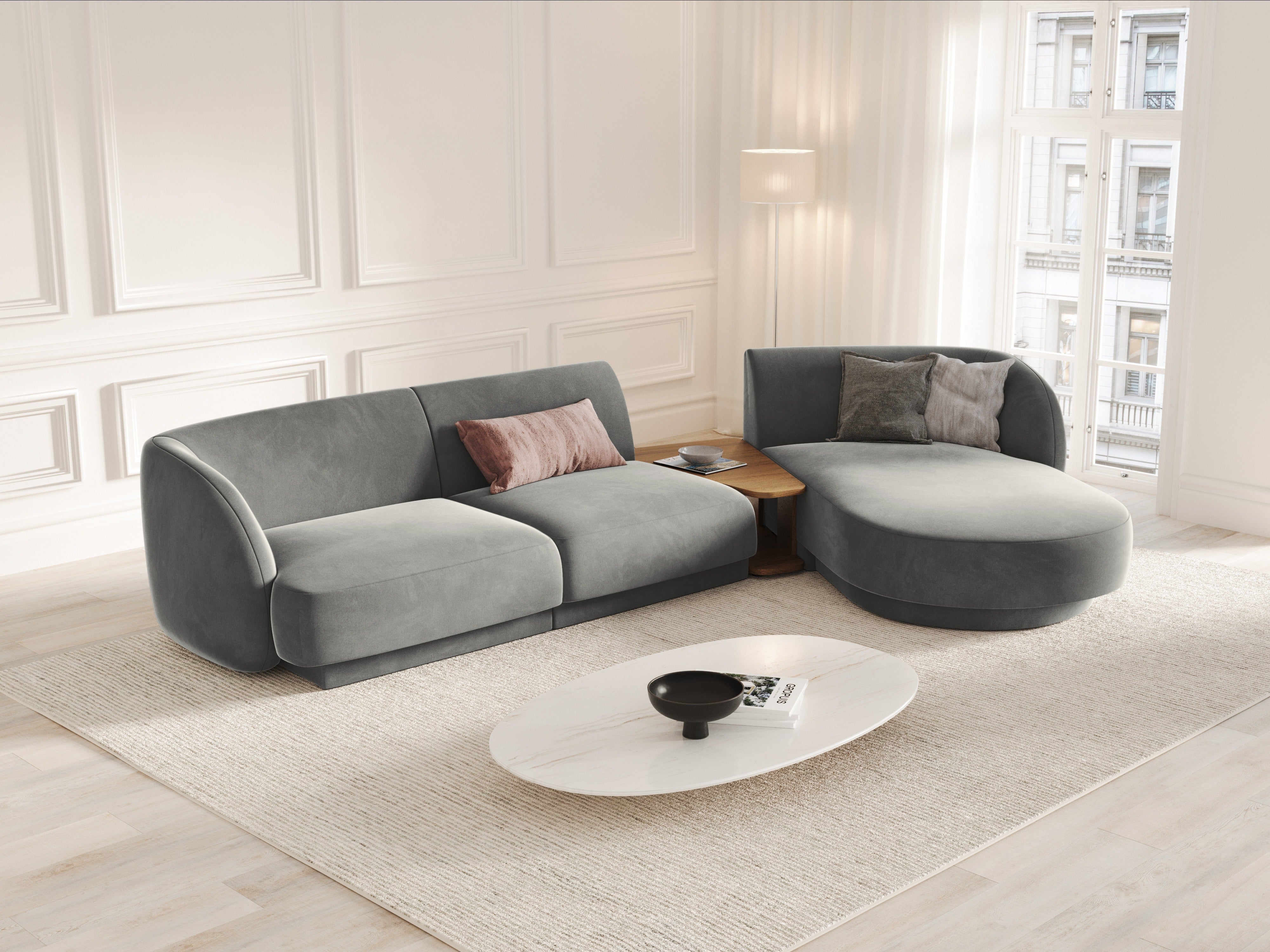 Modulares Ecksofa mit Tisch, 3-Sitzer, rechtsseitig, samtig, MILEY, hellgrau