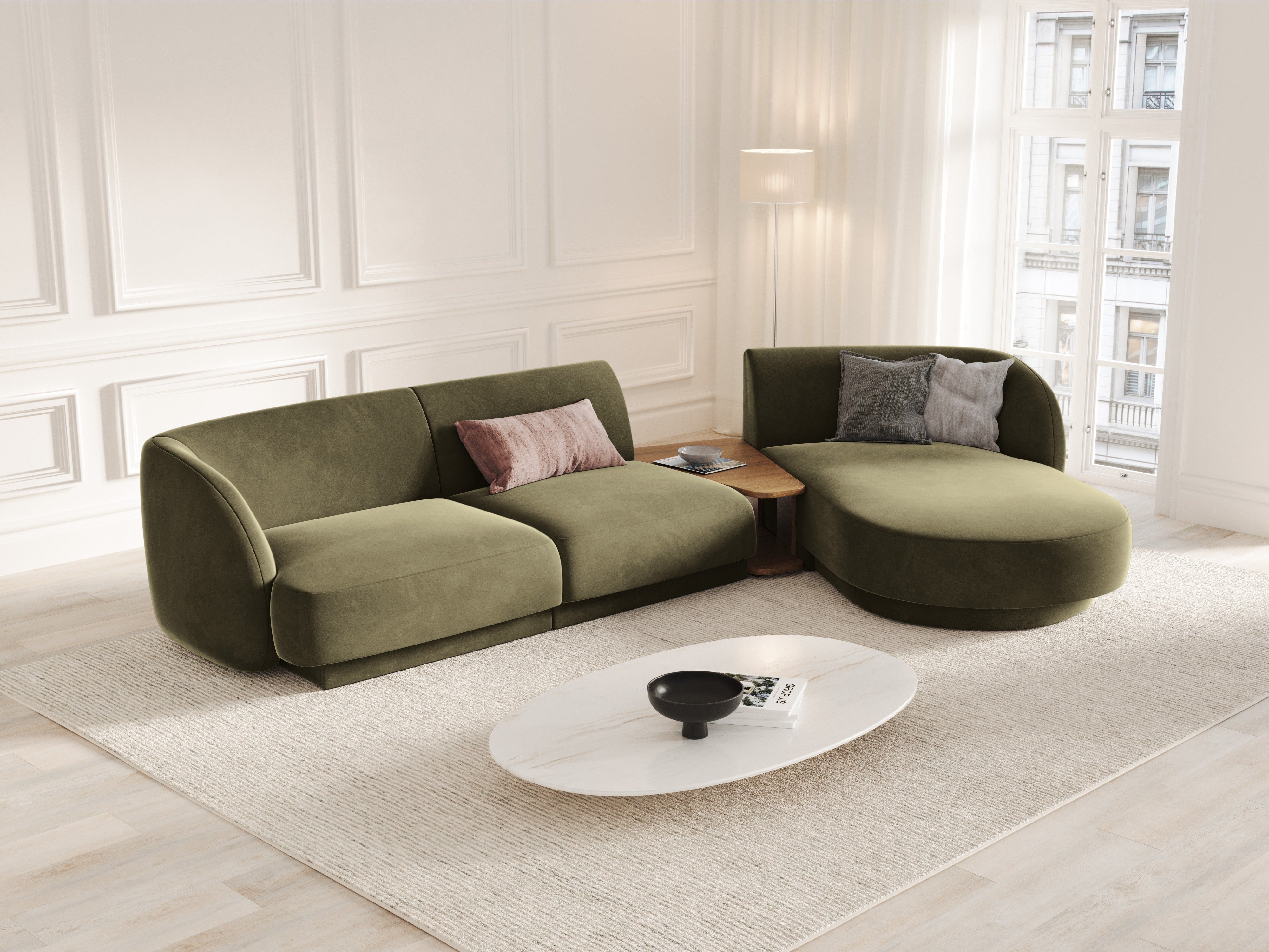 Modulares Ecksofa mit Tisch, 3-Sitzer, rechtsseitig, samtig, MILEY, grün