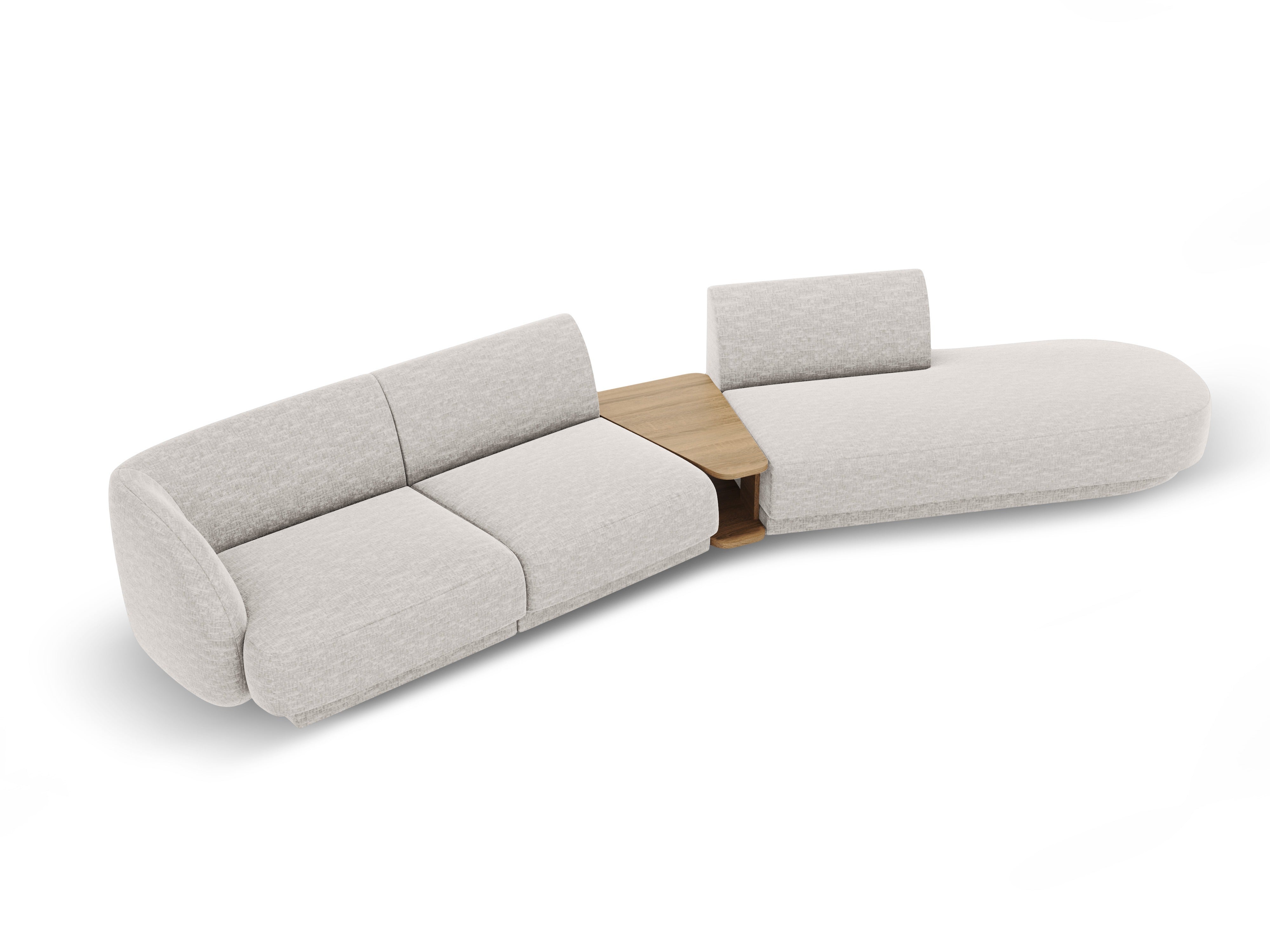 Modulares Sofa mit Tisch, 4-Sitzer MILEY in hellgrauem, seidig schimmerndem Chenille, rechtsseitig