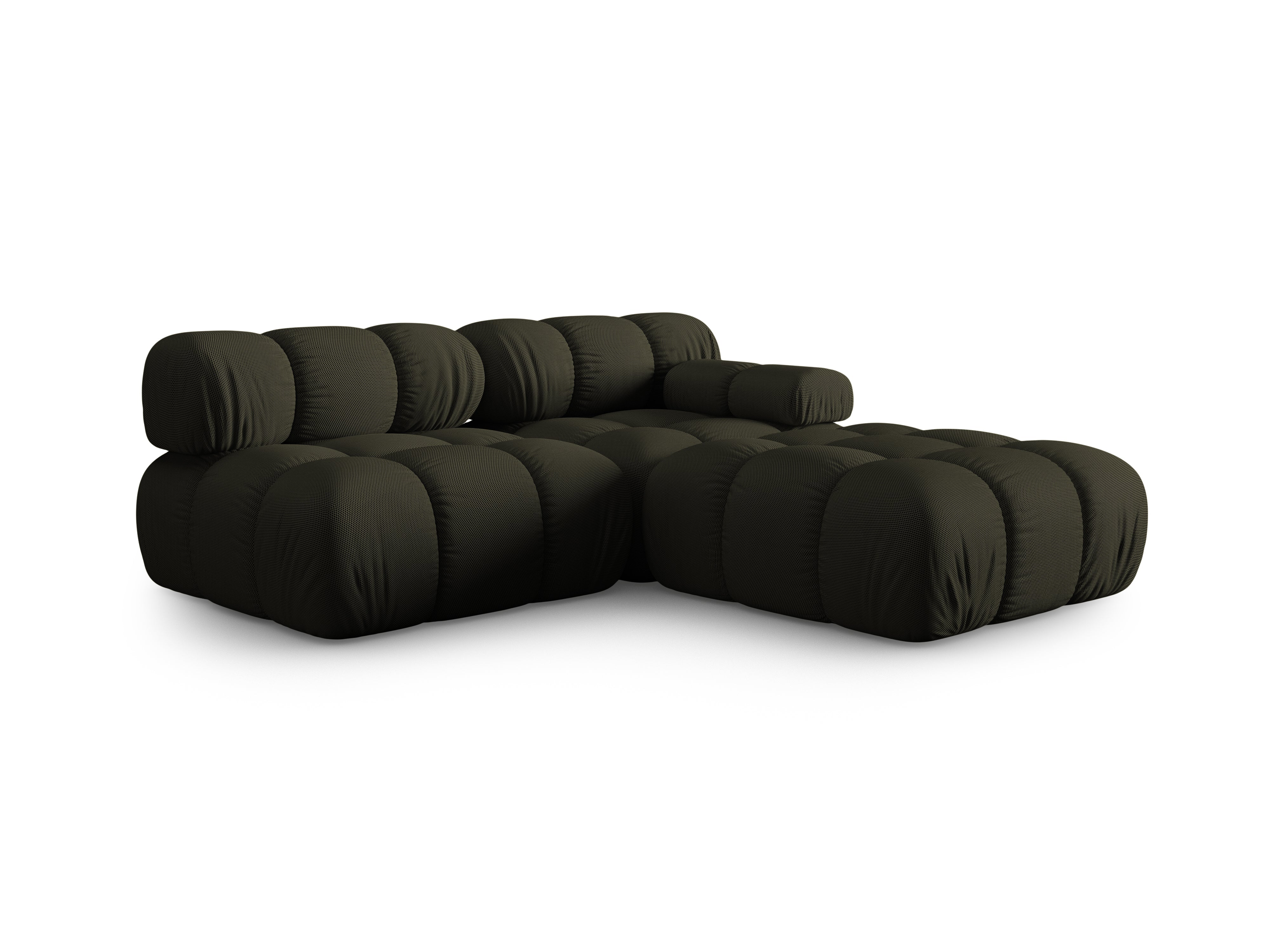 Modulares offenes Sofa BELLIS in dunkelgrünem 3D-Stoff, linksseitig.