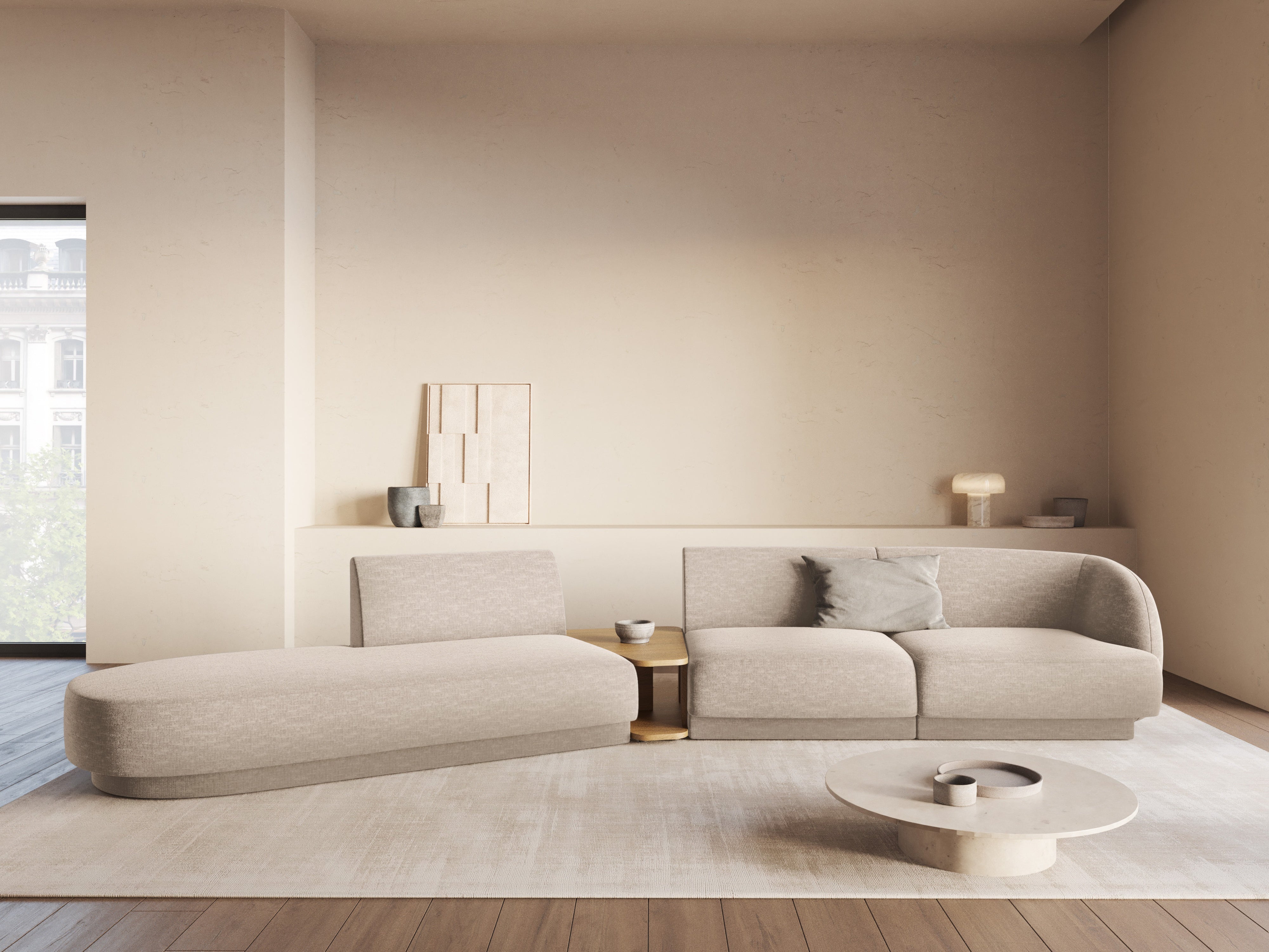 Left-sided modular sofa with table for 4 people MILEY beige chenille