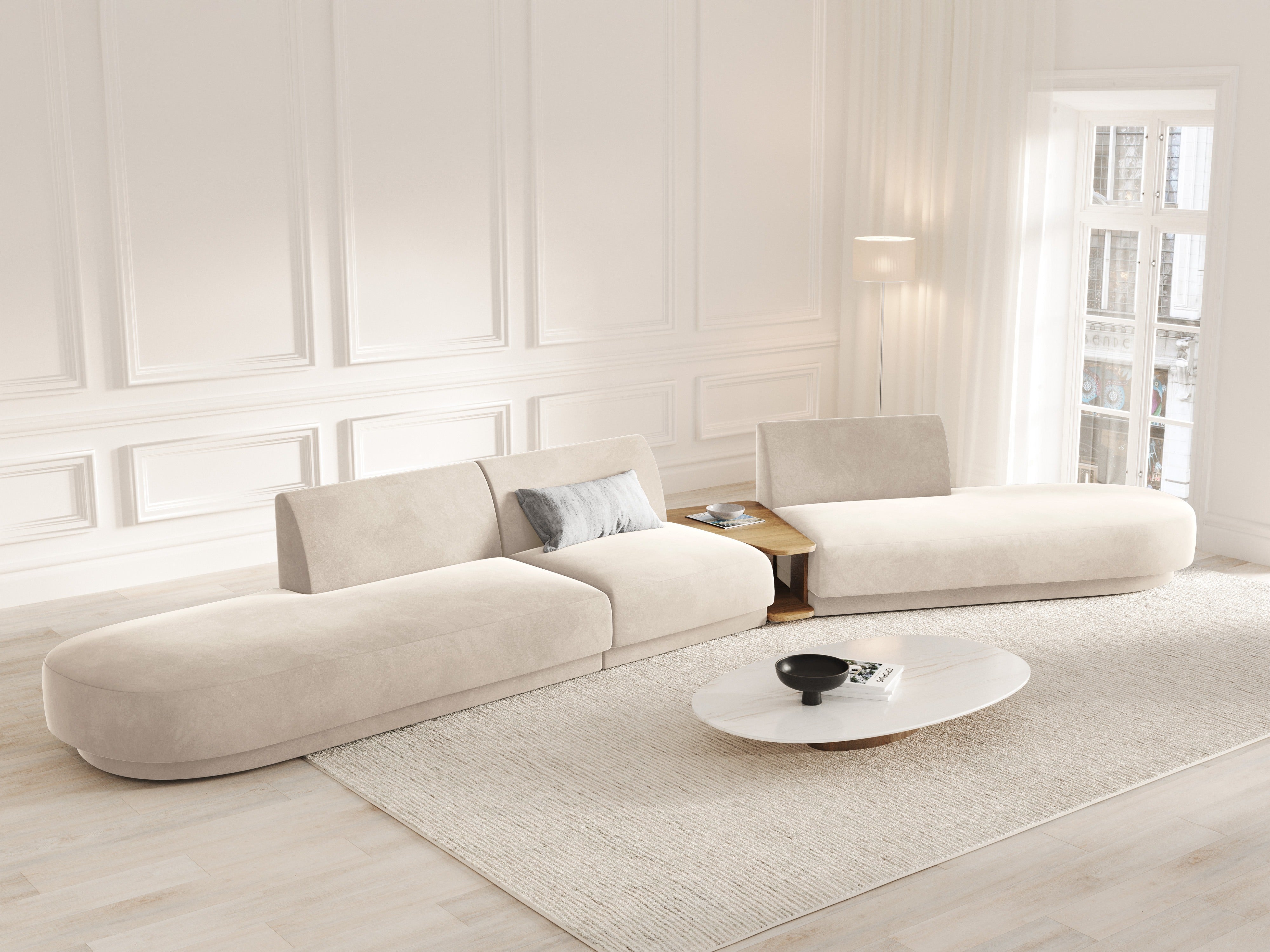 Right-facing modular sofa with table for 5 people in light beige velvet MILEY