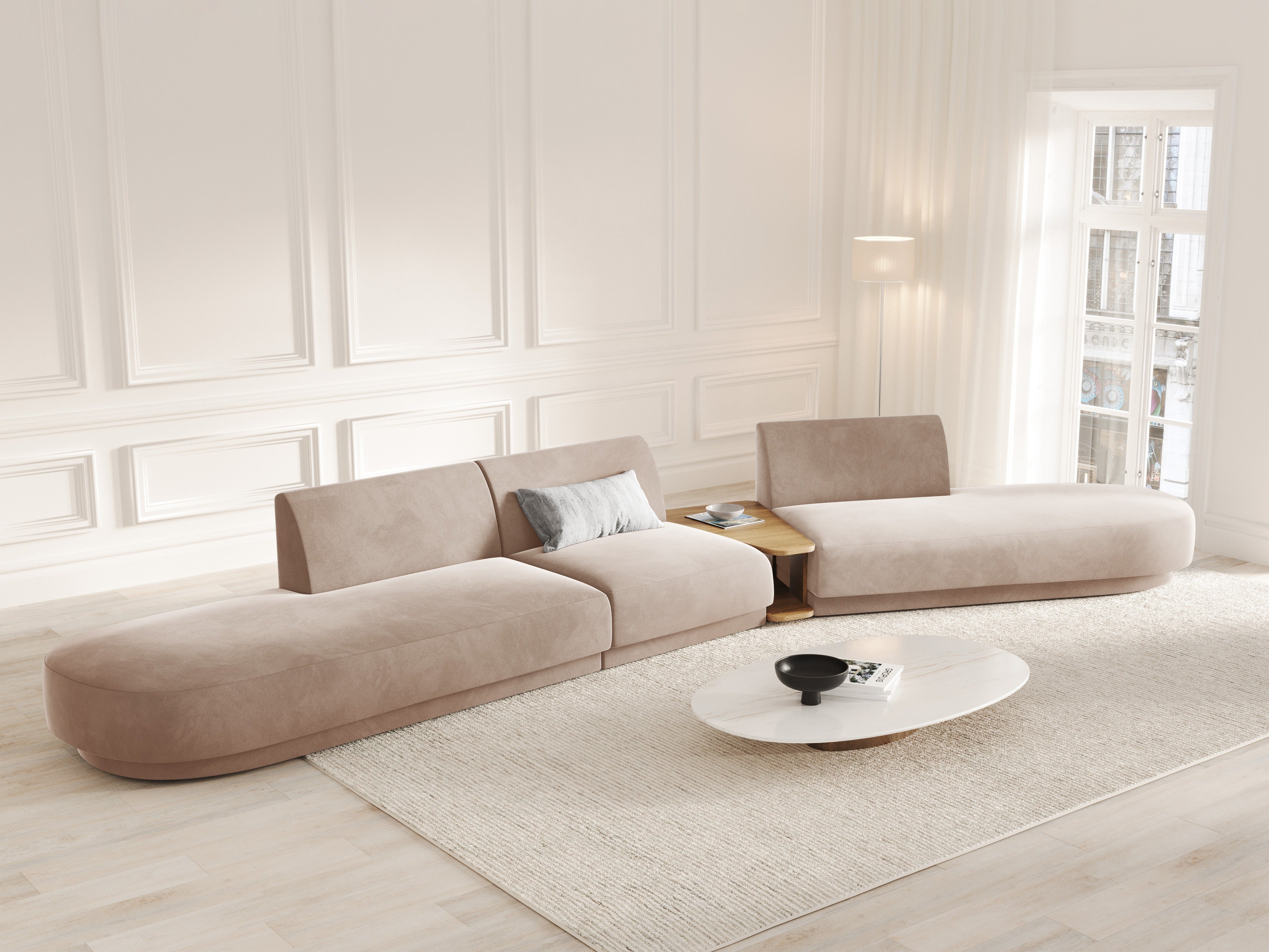 Right-facing modular sofa with table, 5-seater, velvet MILEY cappuccino