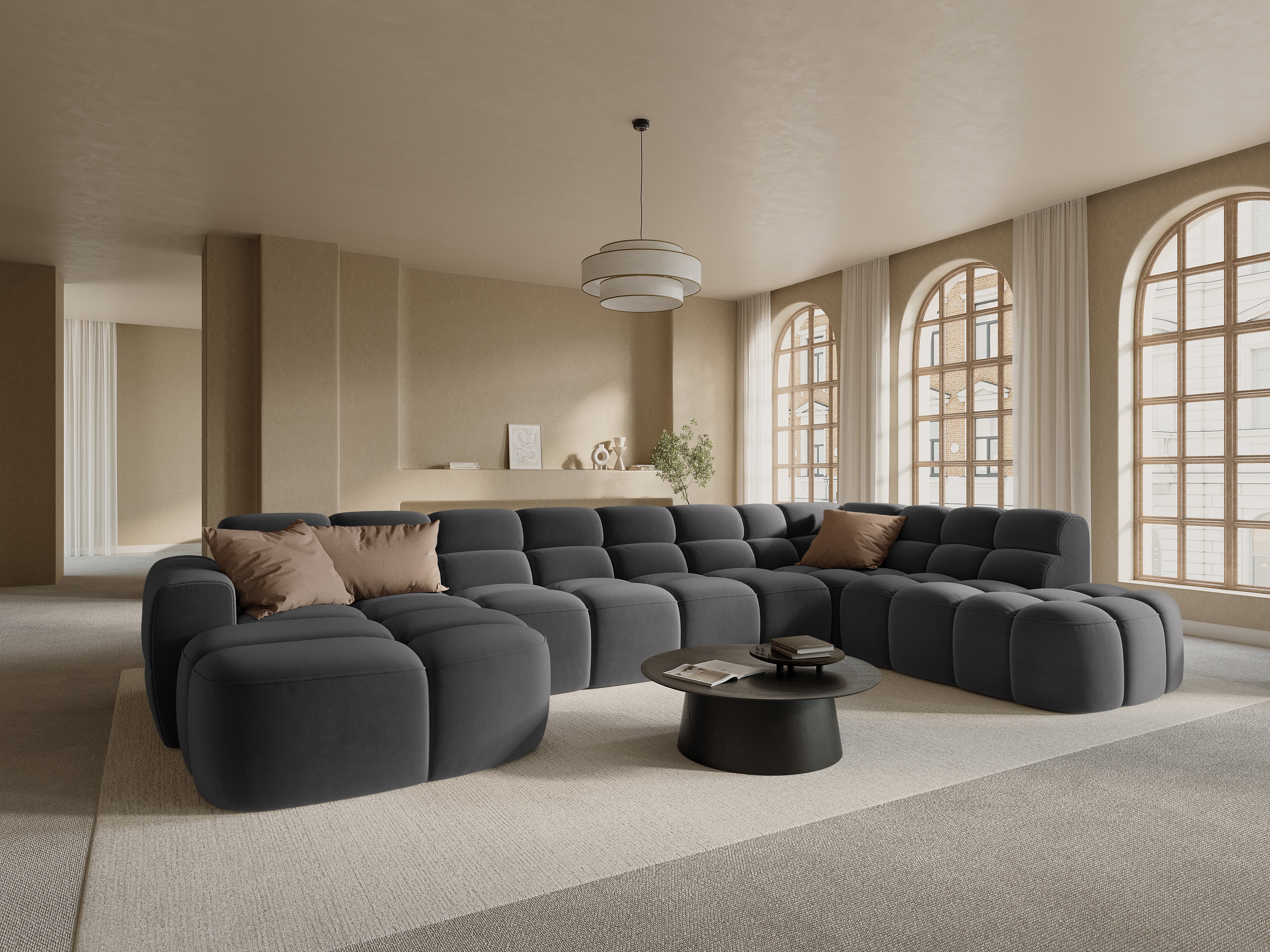 Velvet panoramic corner sofa right side LISA dark gray