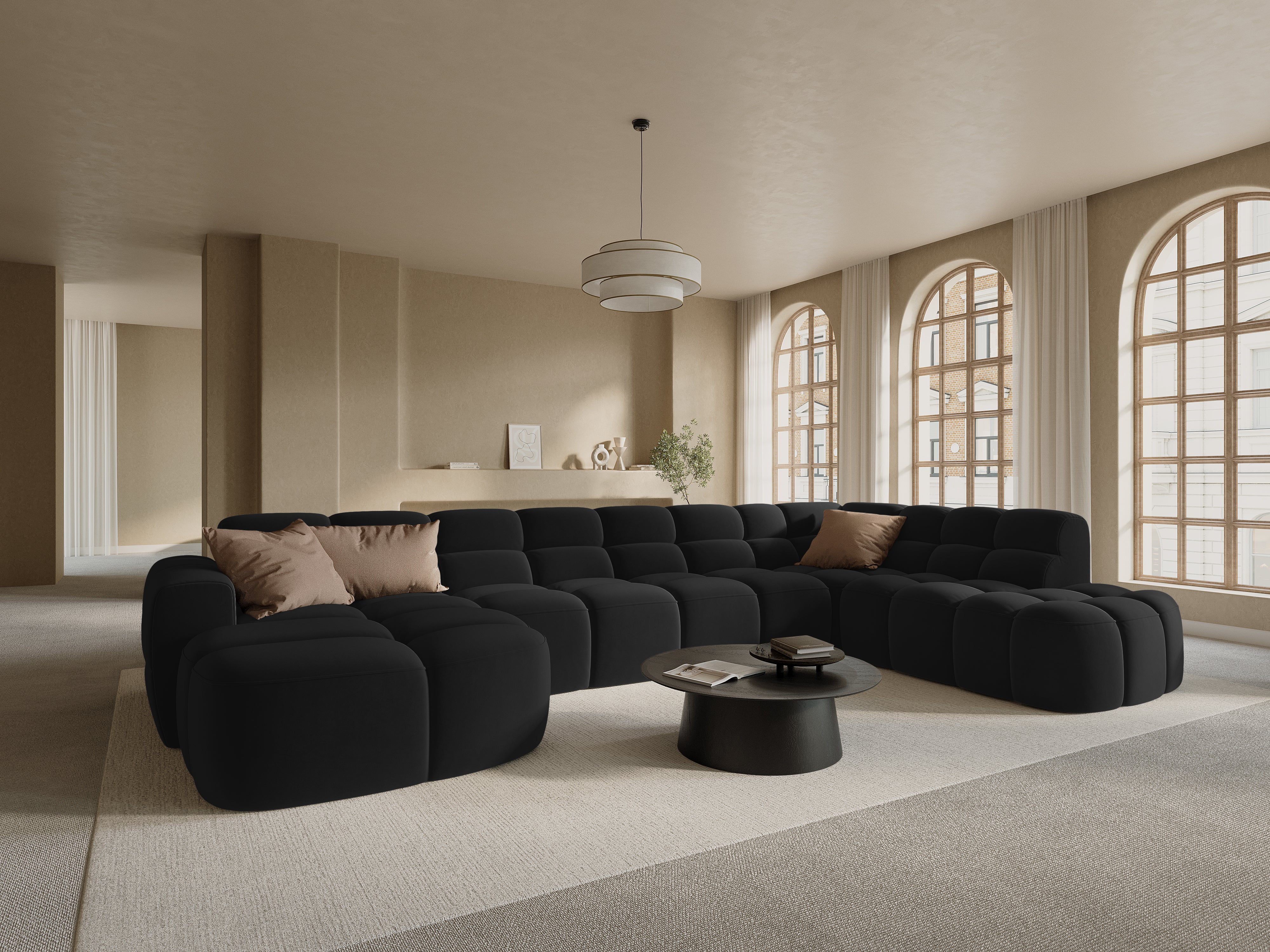 Black velvet panoramic right-sided corner sofa LISA