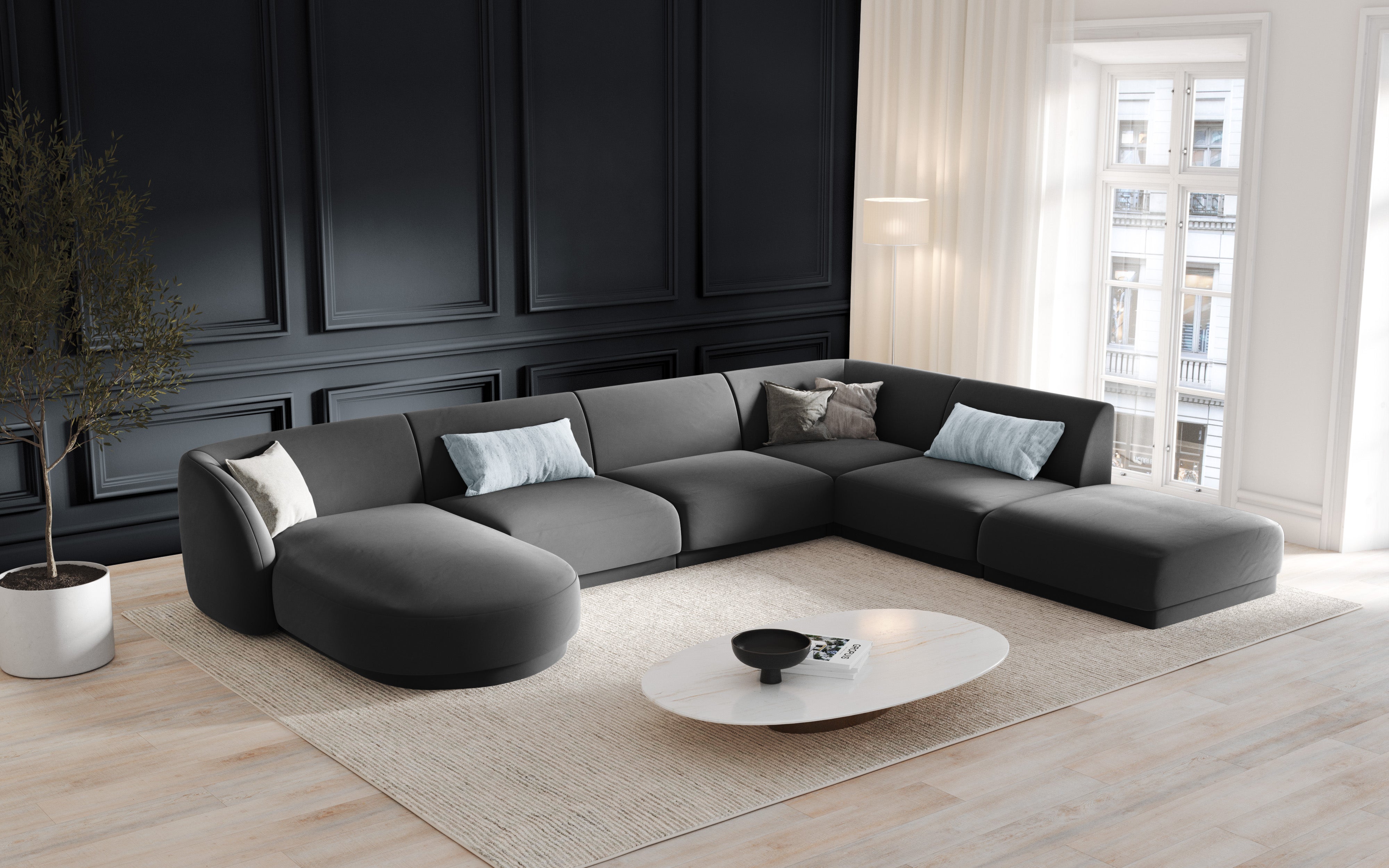 Left-sided panoramic sofa in the szenil fabric of 6-seater Miley Gray