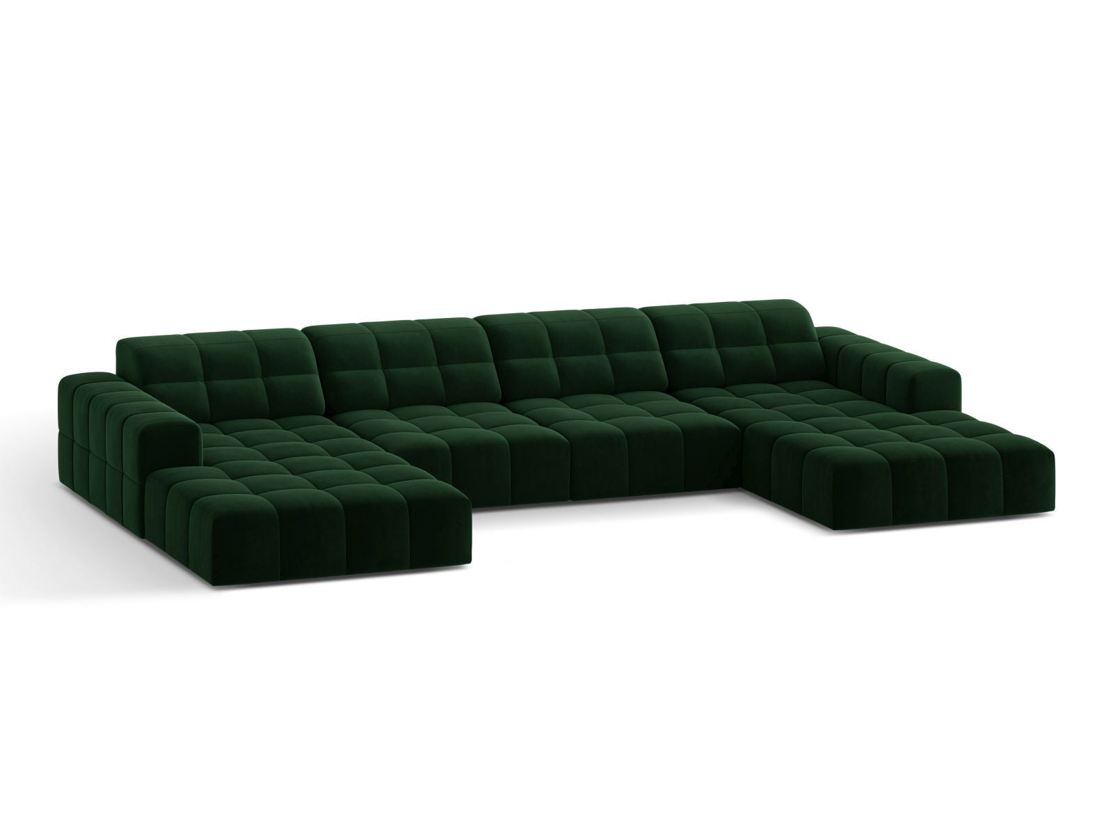 Sofa aksamitna panoramiczna 6-osobowa JENNIFER butelkowa zieleń Bluvel – ujęcie boczne
