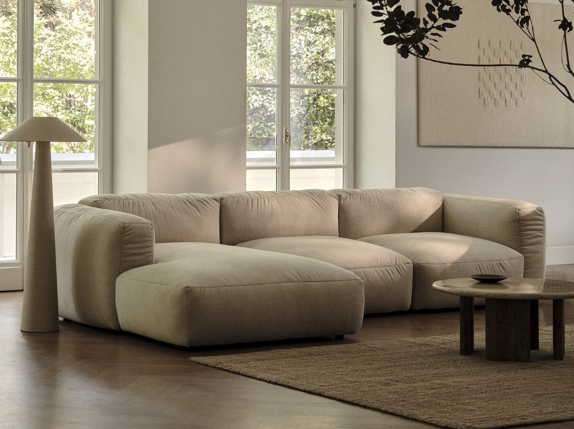 Right -sided corner velvet panoramic martin light beige