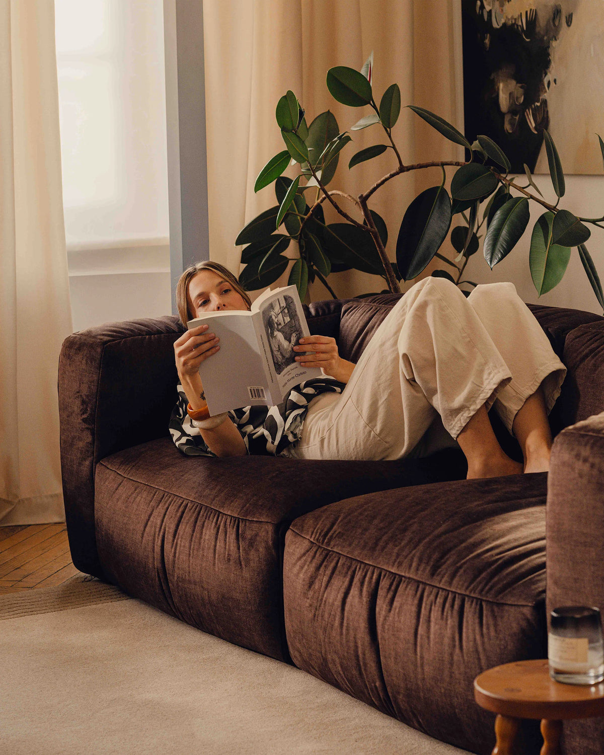 Panoramischer Samt-Ecksofa links MARTINA petrol