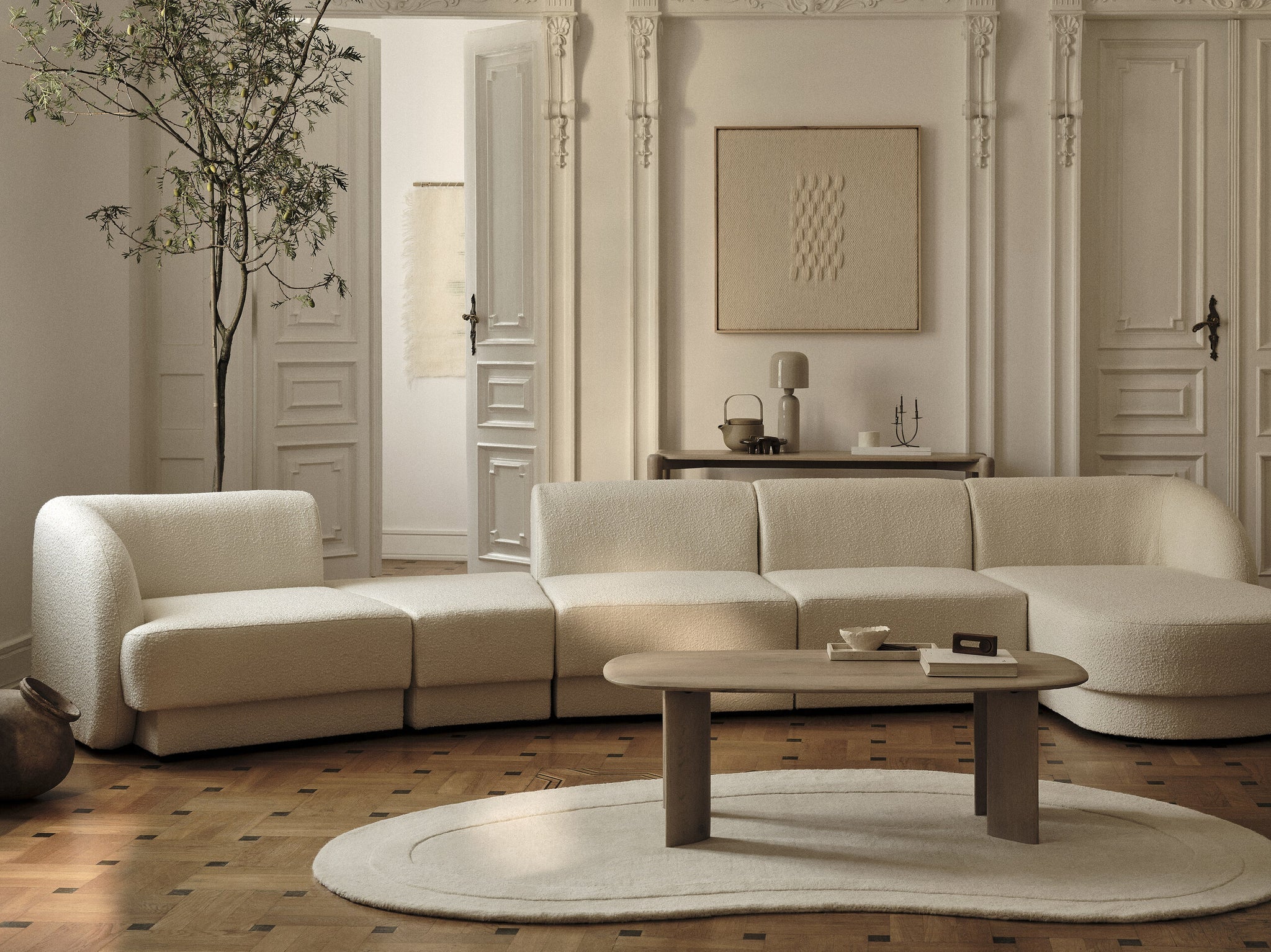 Right-facing U-shaped corner sofa MILEY ivory chenille
