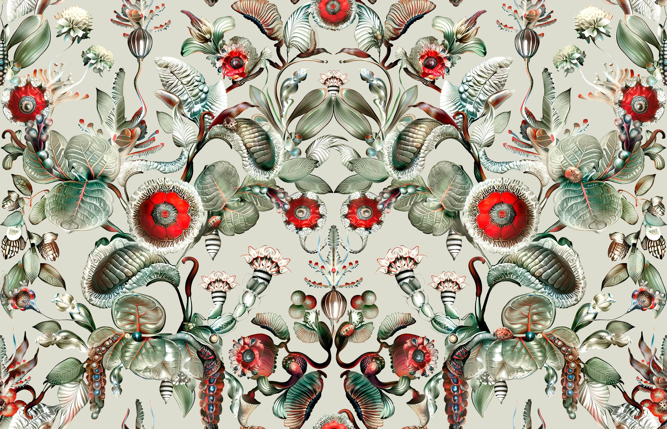 Textiltapete mit Pflanzenmotiv COCCINELLA BELLA grau mit grün